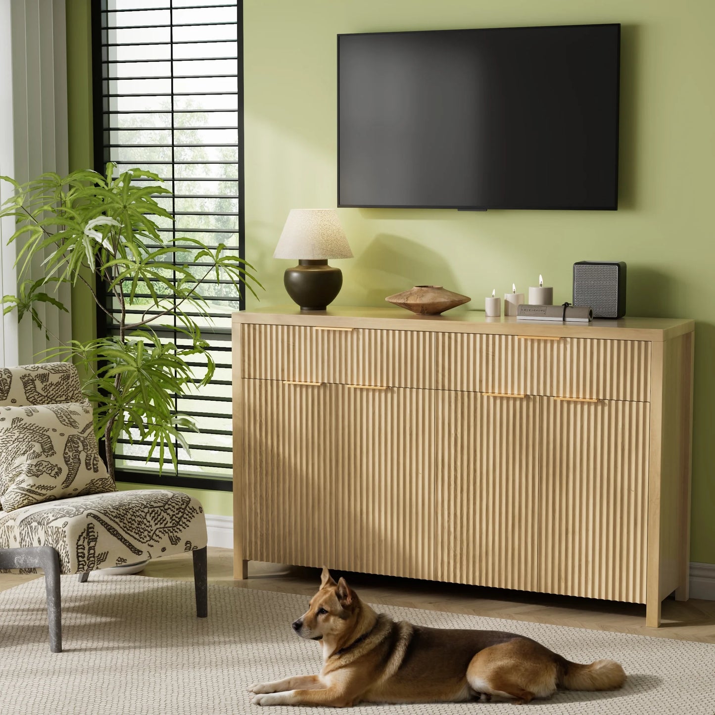 Laintene 55"L Sideboard Buffet Cabinet with Storage, Fluted Accent Storage Cabinet with Doors & Adjustable Shelves for Living Room Dining Room and Kitchen, Natural Oak