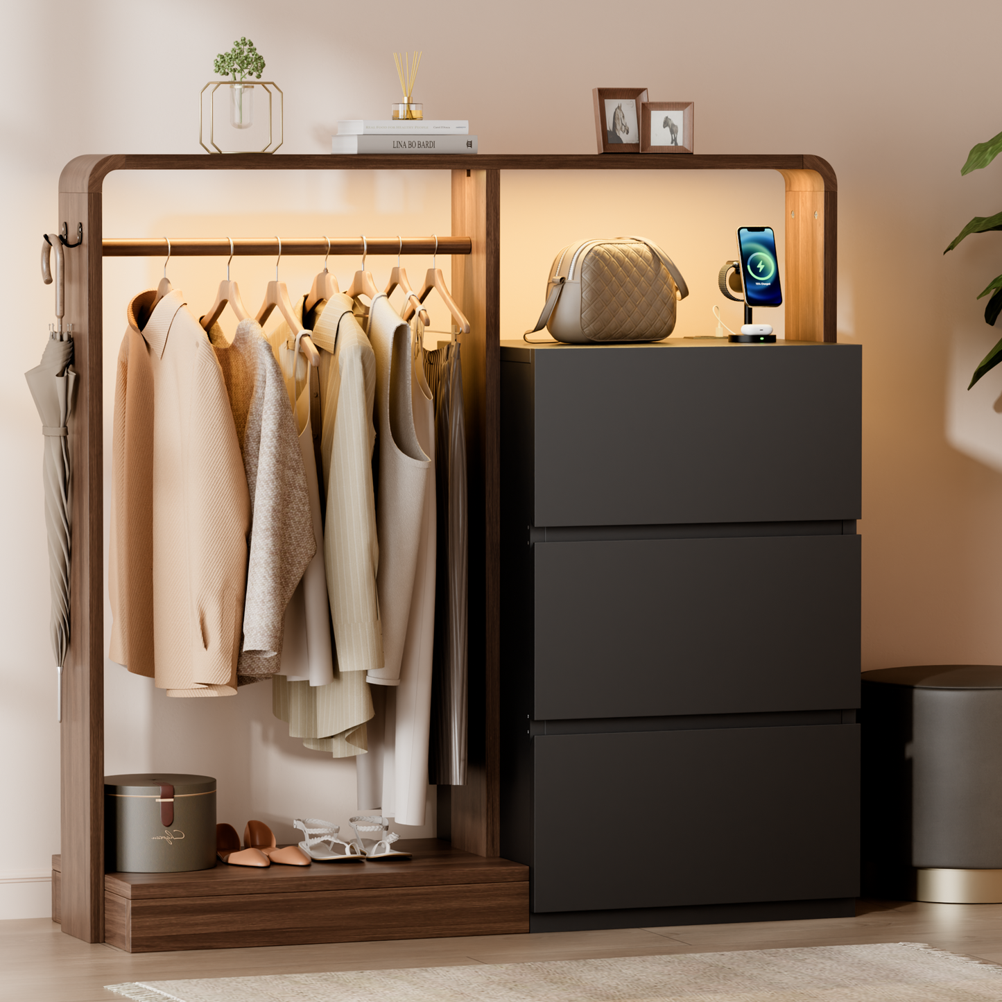Laintene Dresser for Bedroom with Hanging Closet, 3 Wooden Drawers with Charging Station & LED, Storage Chest of Drawers, Wooden Closet Dressers for Bedroom, Black with Brown