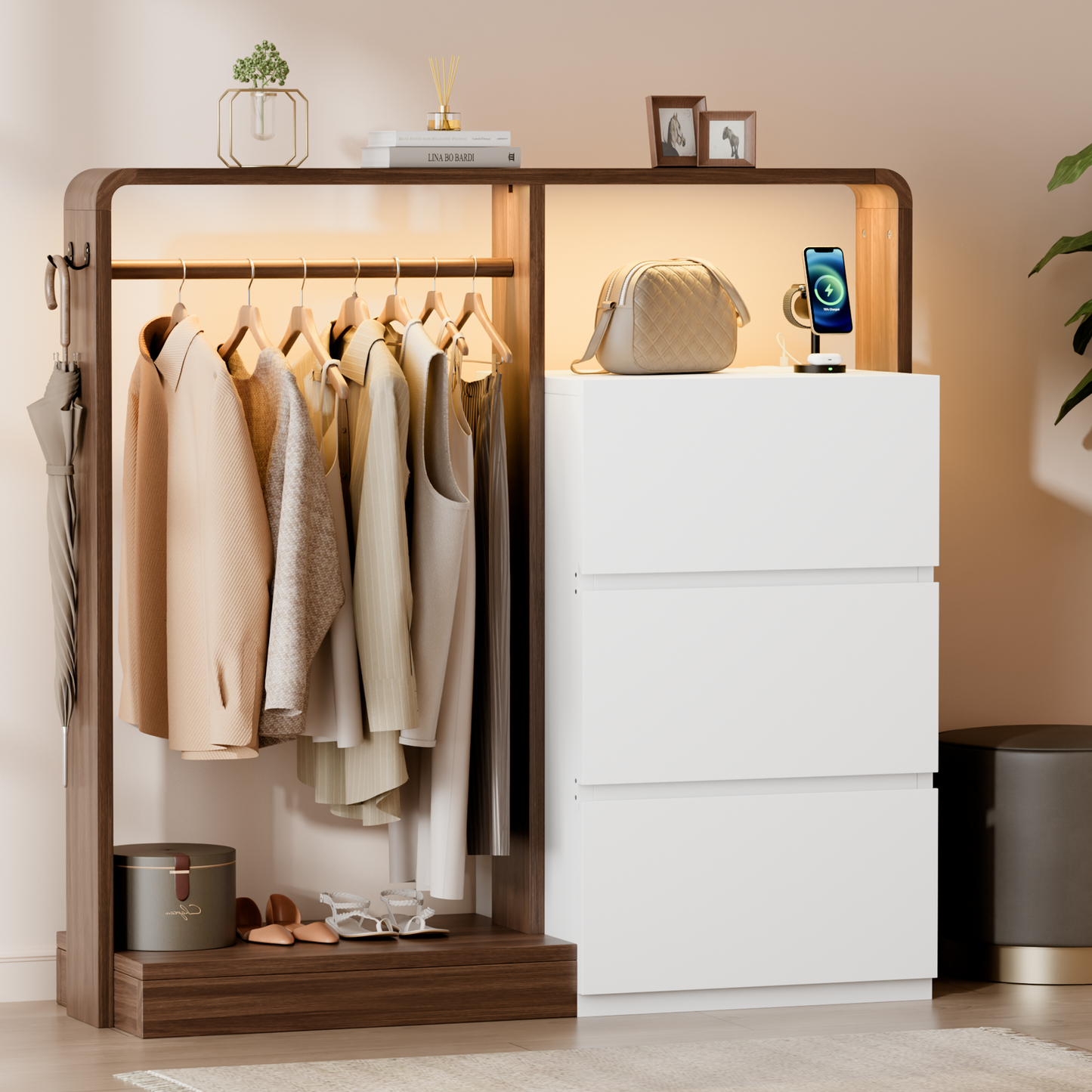 Laintene Dresser for Bedroom with Hanging Closet, 3 Wooden Drawers with Charging Station & LED, Storage Chest of Drawers, Wooden Closet Dressers for Bedroom, White with Brown