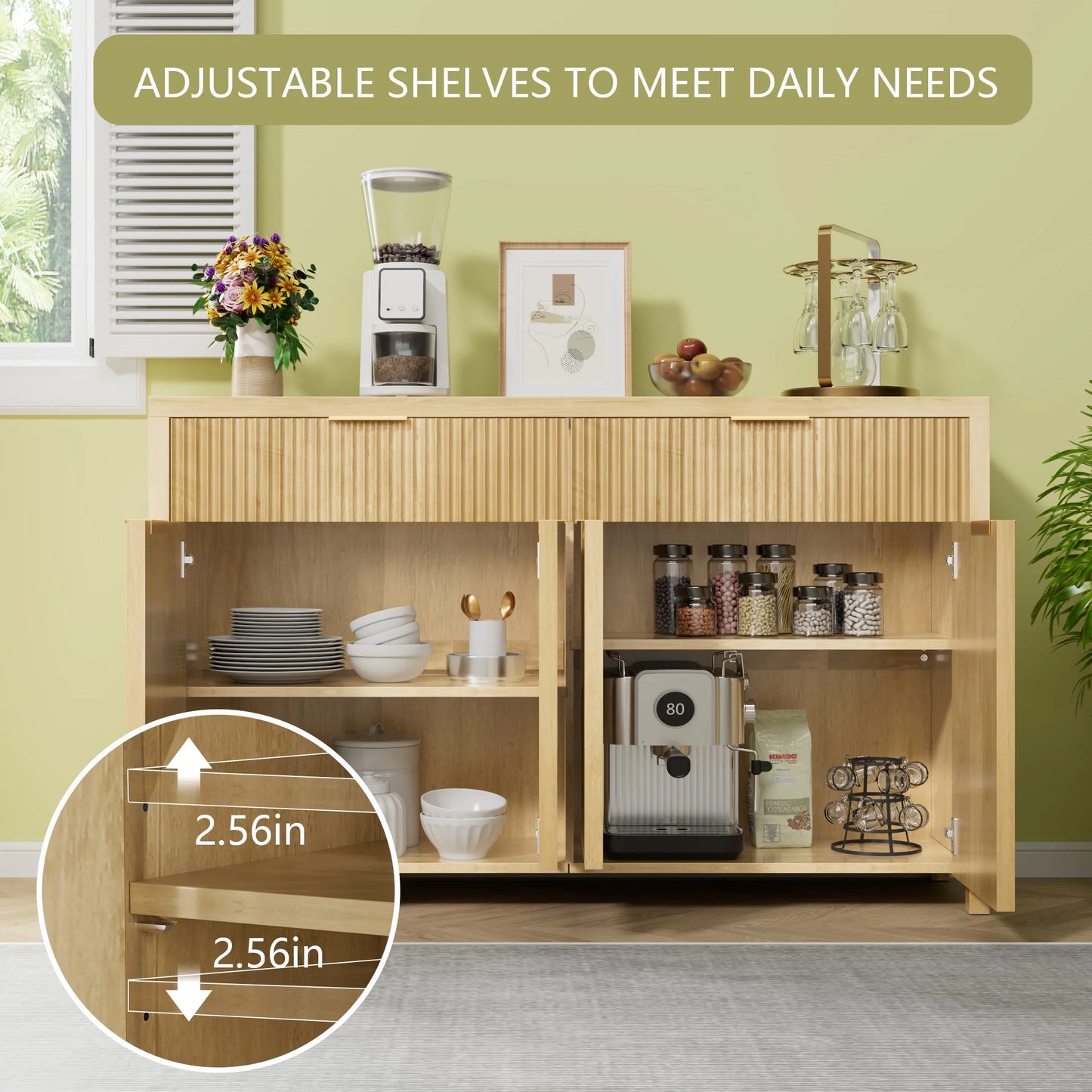 Laintene 55"L Sideboard Buffet Cabinet with Storage, Fluted Accent Storage Cabinet with Doors & Adjustable Shelves for Living Room Dining Room and Kitchen, Natural Oak