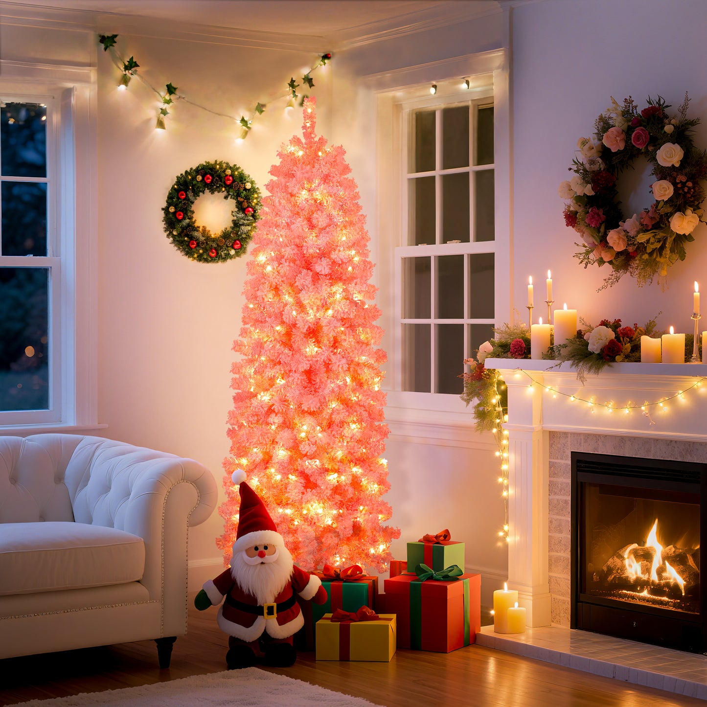 Laintene 6FT Pre-Lit Flocked Pencil Christmas Tree with 600 Tips & 200 Warm White LED Lights, Slim Artificial Xmas Tree for Small Spaces, Metal Stand, Pink