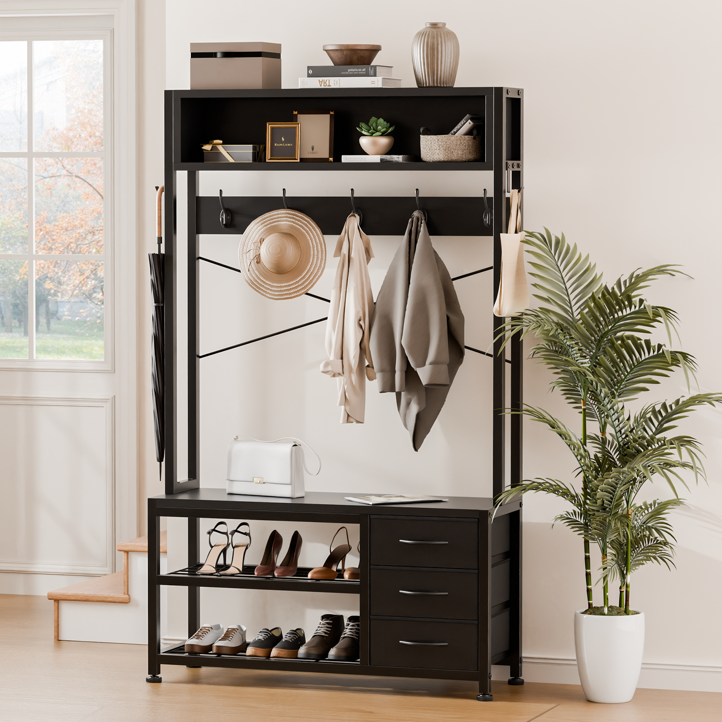 Industrial Hall Tree with Bench – 5-in-1 Entryway Organizer with 7 Hooks, 3 Drawers & Shoe Storage, Heavy-Duty Coat Rack for Hallway, Living Room, Black