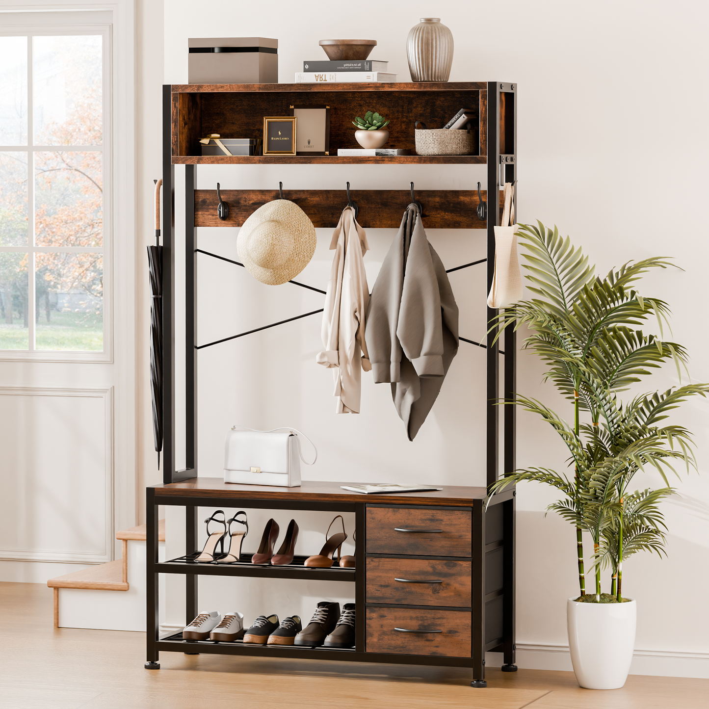 Industrial Hall Tree with Bench – 5-in-1 Entryway Organizer with 7 Hooks, 3 Drawers & Shoe Storage, Heavy-Duty Coat Rack for Hallway, Living Room, Rustic Brown