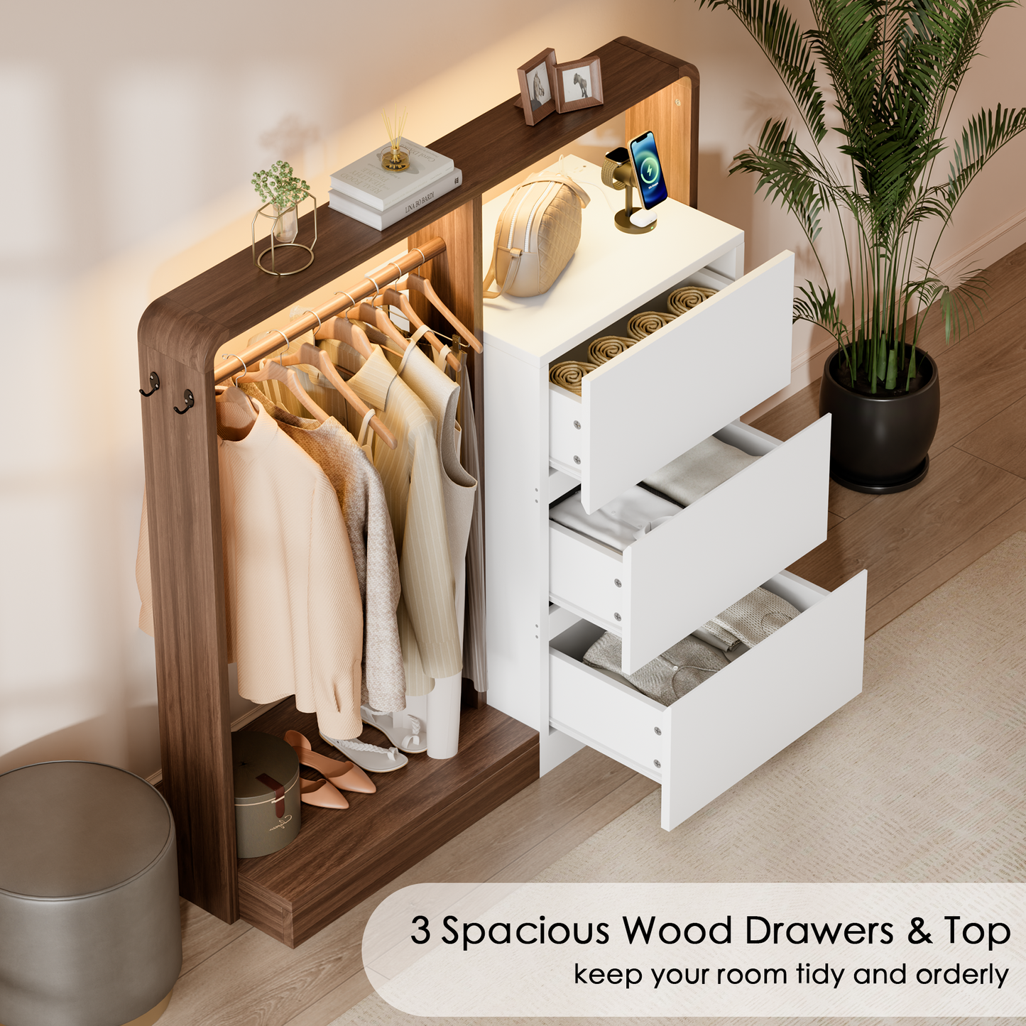 Laintene Dresser for Bedroom with Hanging Closet, 3 Wooden Drawers with Charging Station & LED, Storage Chest of Drawers, Wooden Closet Dressers for Bedroom, White with Brown