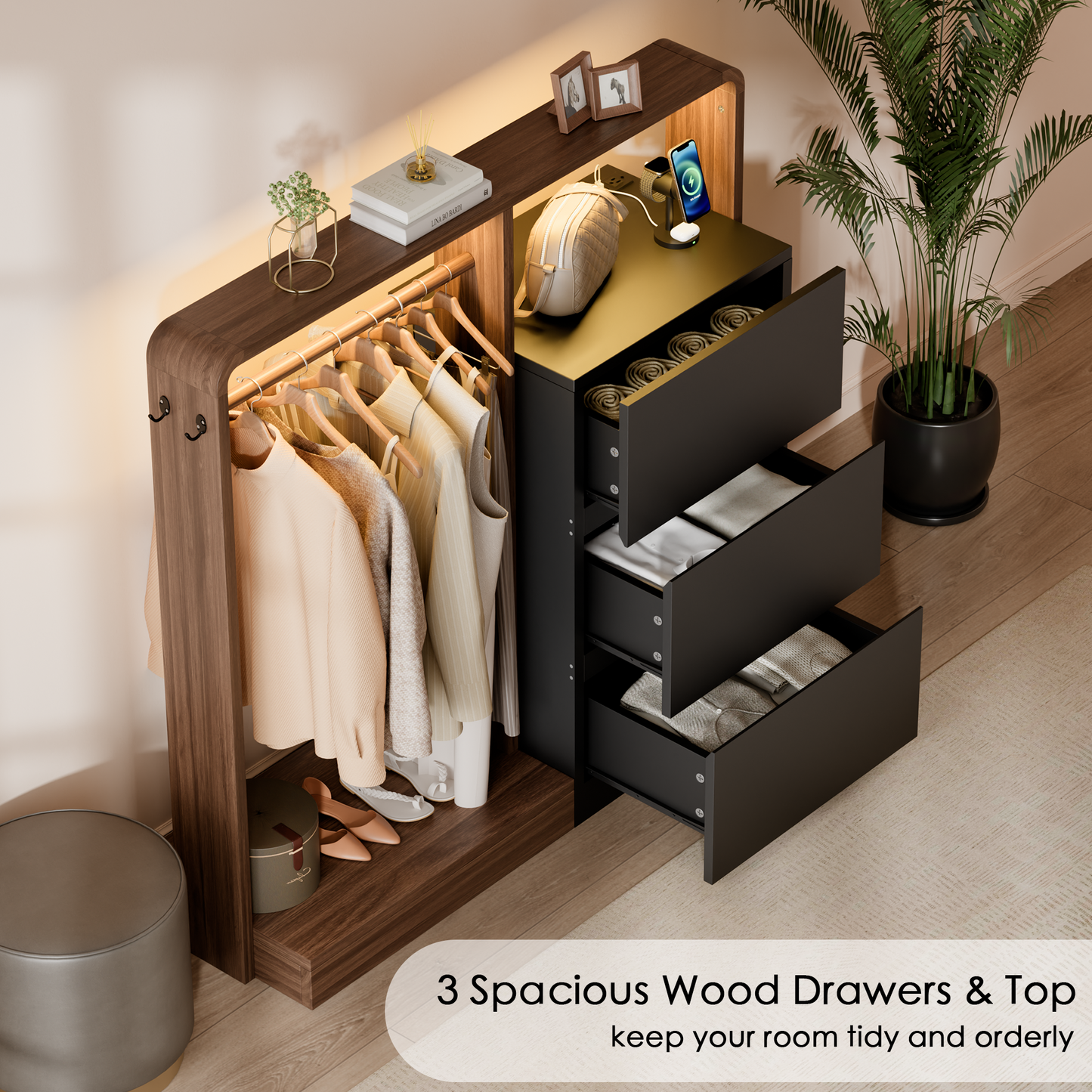 Laintene Dresser for Bedroom with Hanging Closet, 3 Wooden Drawers with Charging Station & LED, Storage Chest of Drawers, Wooden Closet Dressers for Bedroom, Black with Brown
