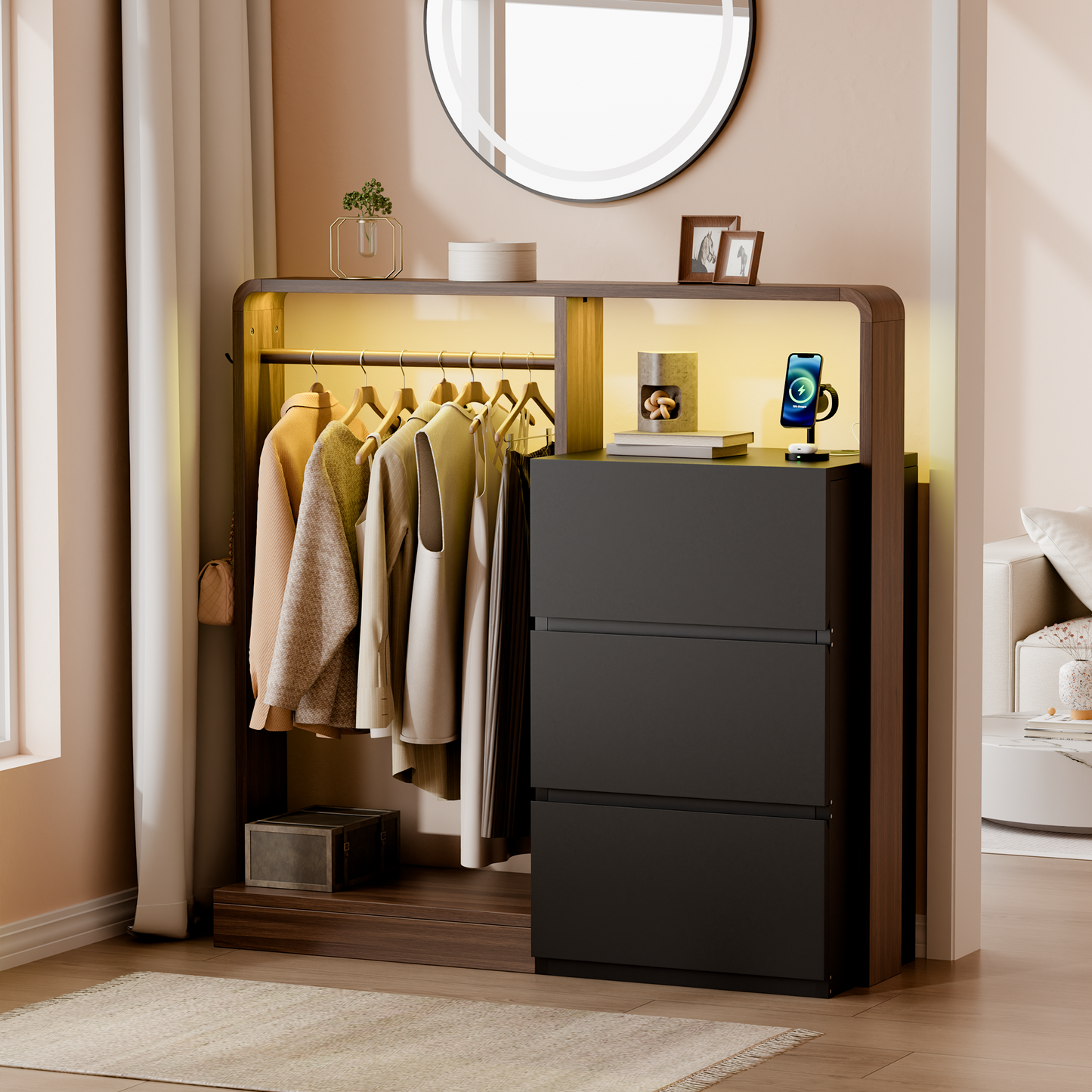 Laintene Dresser for Bedroom with Hanging Closet, 3 Wooden Drawers with Charging Station & LED, Storage Chest of Drawers, Wooden Closet Dressers for Bedroom, Black with Brown