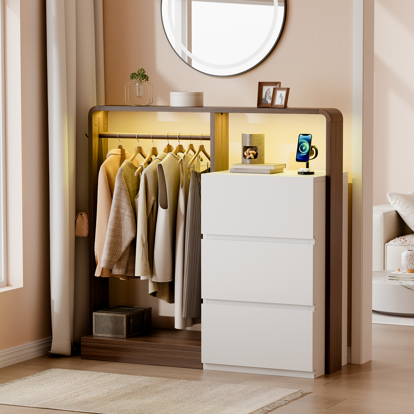 Laintene Dresser for Bedroom with Hanging Closet, 3 Wooden Drawers with Charging Station & LED, Storage Chest of Drawers, Wooden Closet Dressers for Bedroom, White with Brown