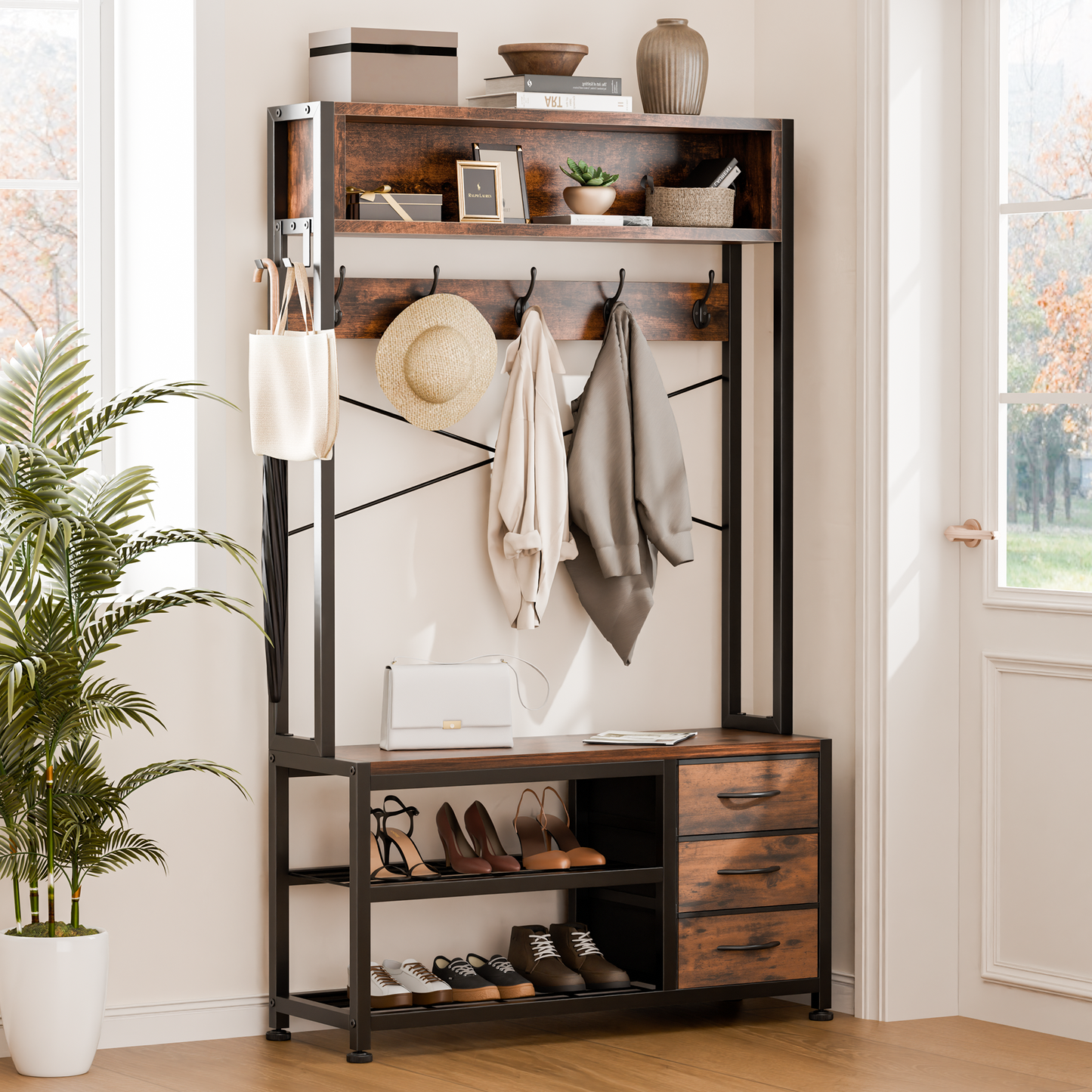 Industrial Hall Tree with Bench – 5-in-1 Entryway Organizer with 7 Hooks, 3 Drawers & Shoe Storage, Heavy-Duty Coat Rack for Hallway, Living Room, Rustic Brown