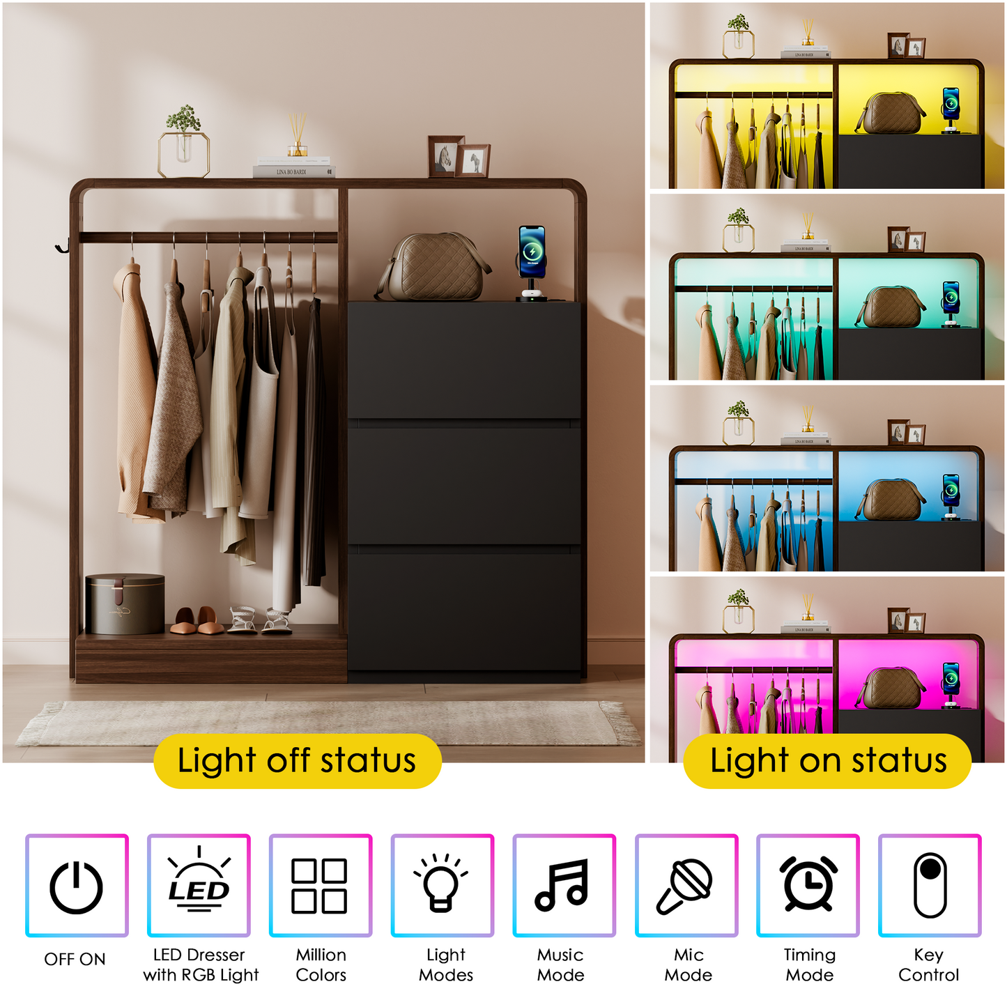Laintene Dresser for Bedroom with Hanging Closet, 3 Wooden Drawers with Charging Station & LED, Storage Chest of Drawers, Wooden Closet Dressers for Bedroom, Black with Brown