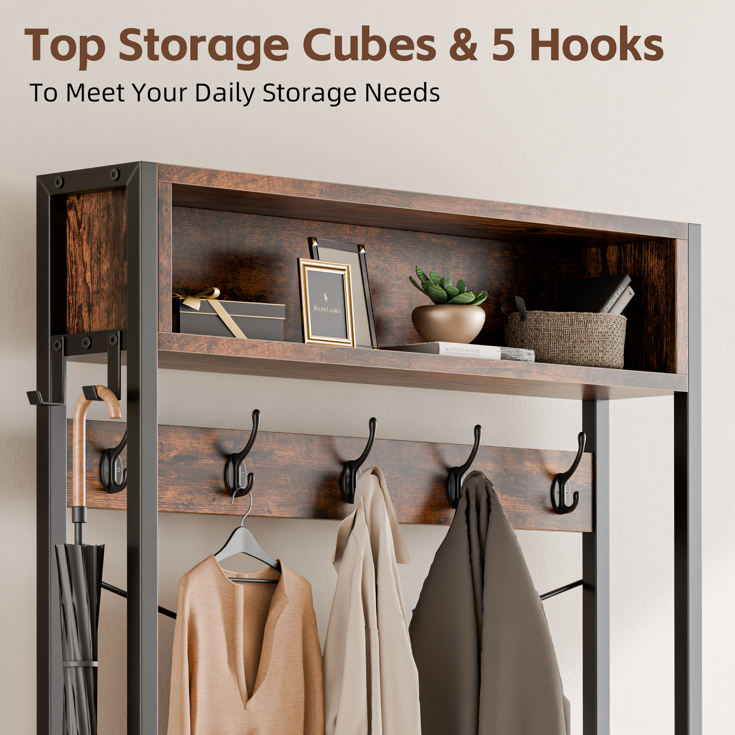 Industrial Hall Tree with Bench – 5-in-1 Entryway Organizer with 7 Hooks, 3 Drawers & Shoe Storage, Heavy-Duty Coat Rack for Hallway, Living Room, Rustic Brown