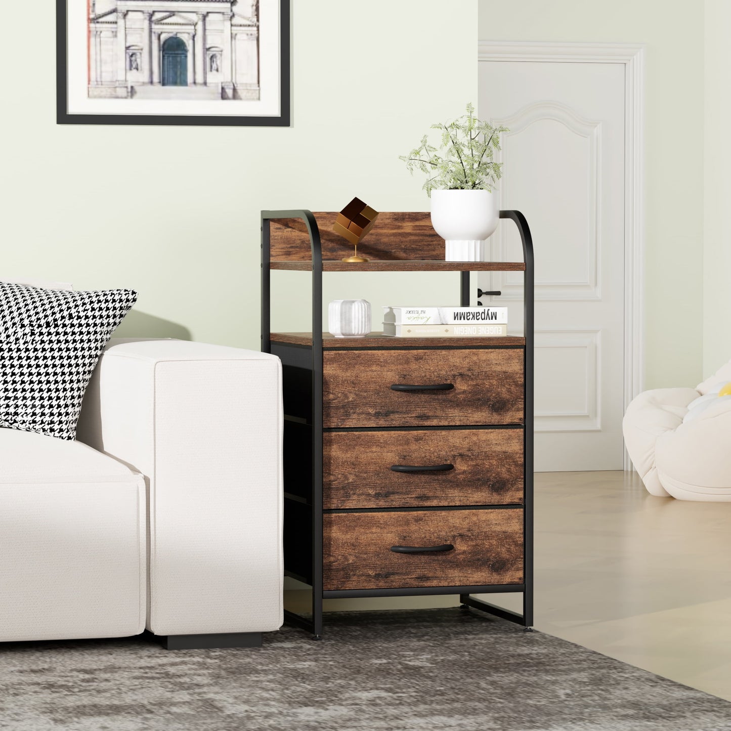 Laintene Nightstand 3 Fabric Drawer, Bedside Table Bedroom Dresser, End Side Tables Living Room, Brown