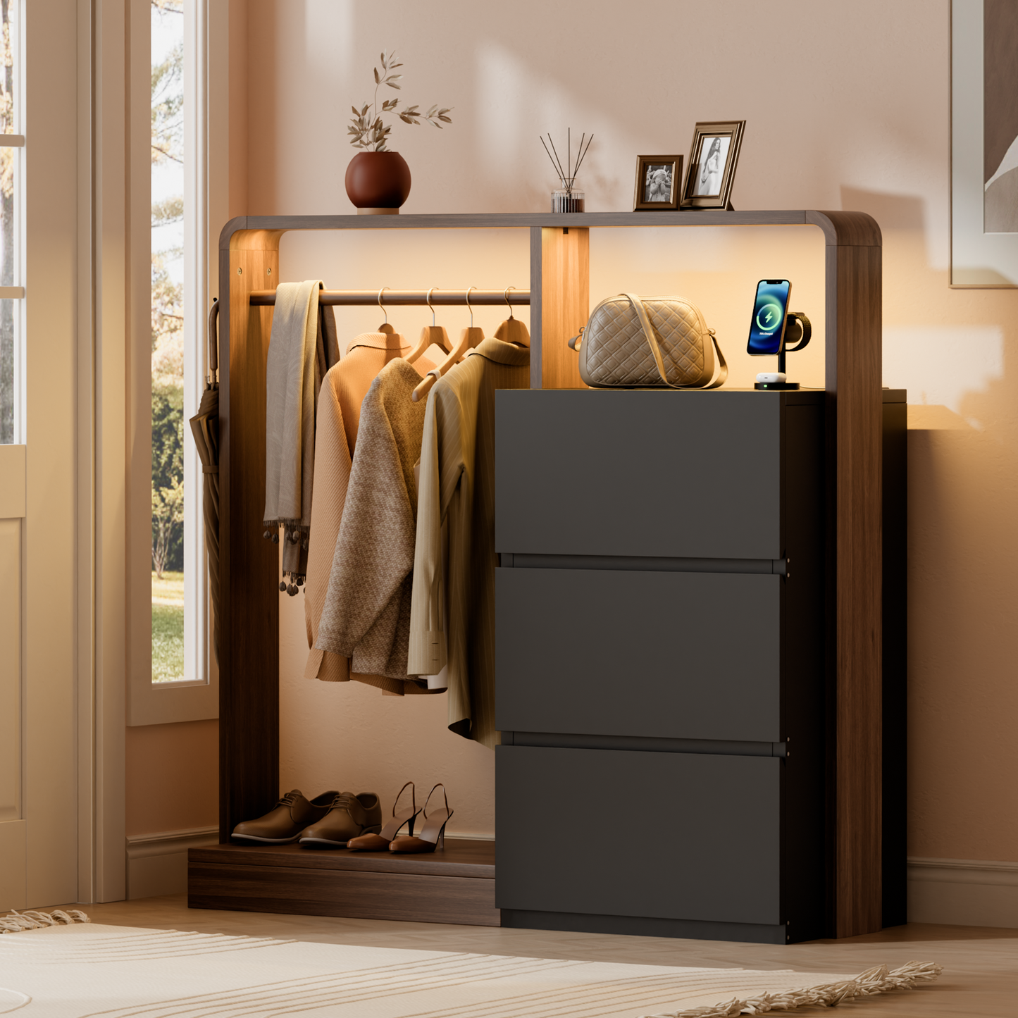 Laintene Dresser for Bedroom with Hanging Closet, 3 Wooden Drawers with Charging Station & LED, Storage Chest of Drawers, Wooden Closet Dressers for Bedroom, Black with Brown