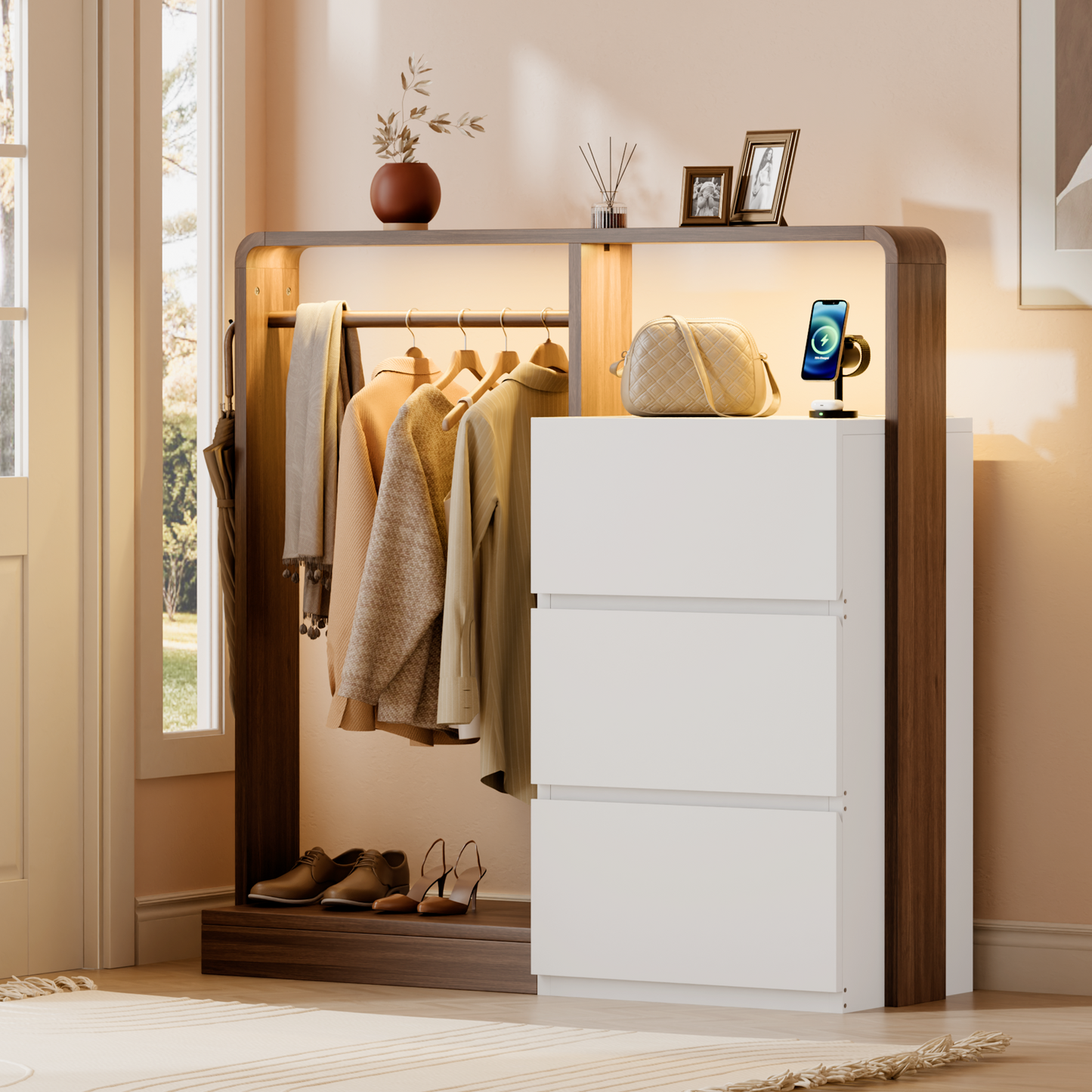 Laintene Dresser for Bedroom with Hanging Closet, 3 Wooden Drawers with Charging Station & LED, Storage Chest of Drawers, Wooden Closet Dressers for Bedroom, White with Brown