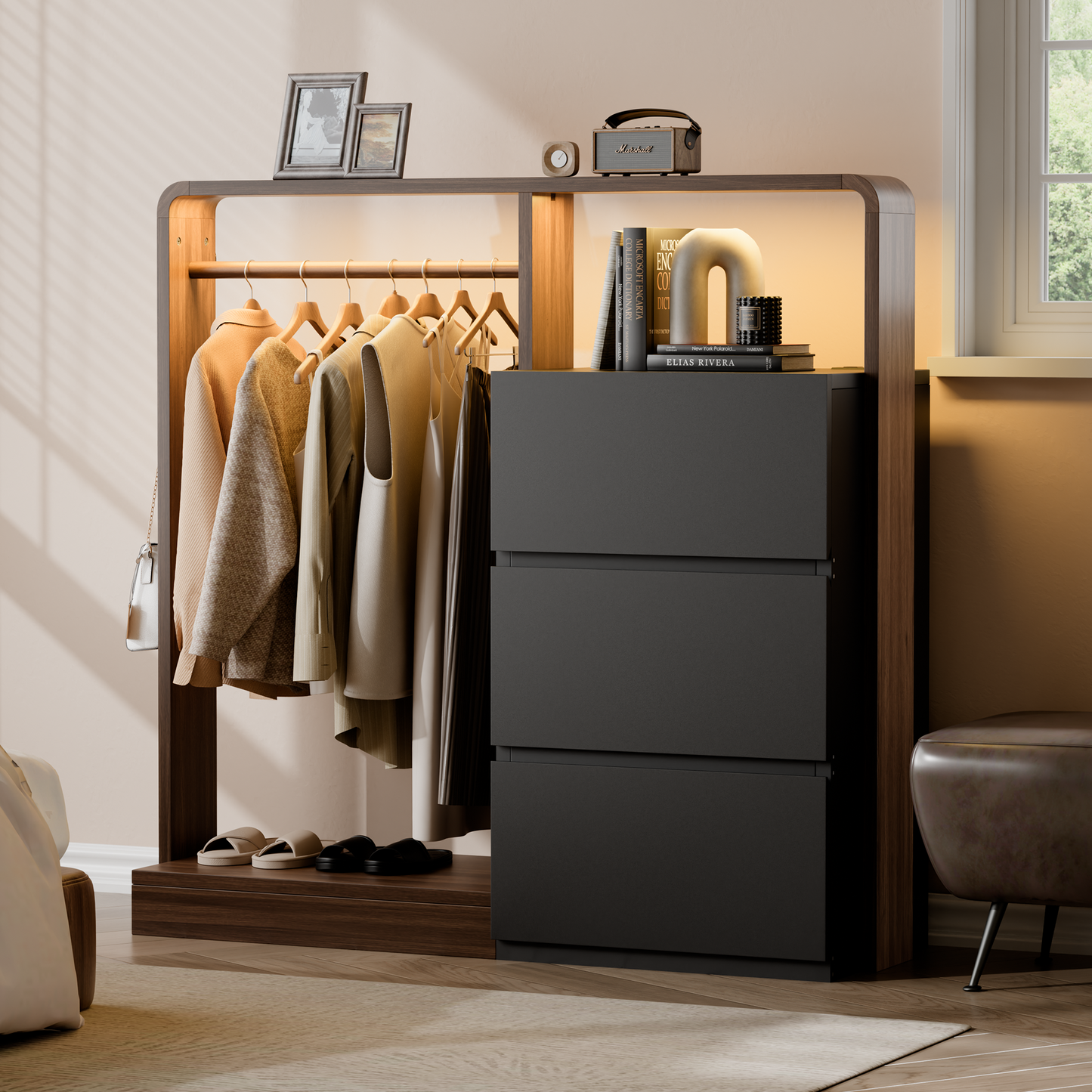 Laintene Dresser for Bedroom with Hanging Closet, 3 Wooden Drawers with Charging Station & LED, Storage Chest of Drawers, Wooden Closet Dressers for Bedroom, Black with Brown