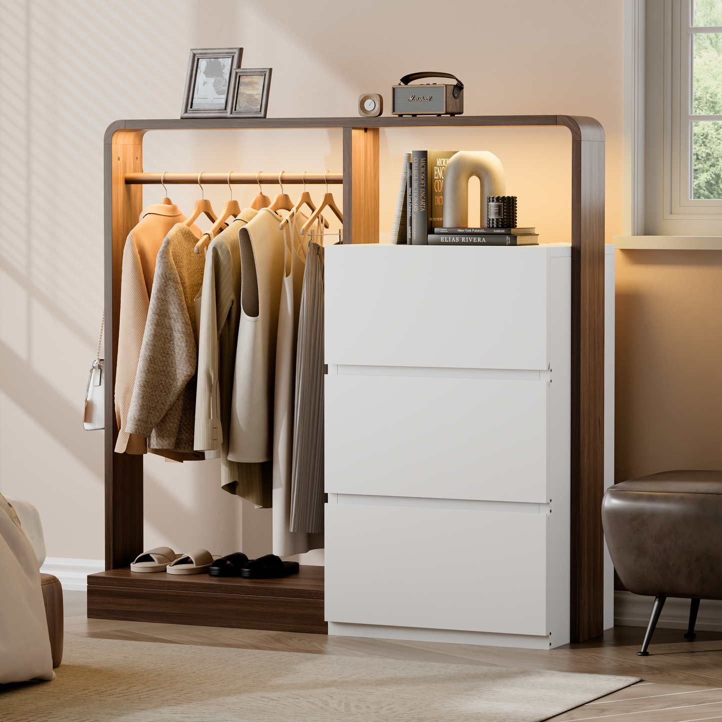 Laintene Dresser for Bedroom with Hanging Closet, 3 Wooden Drawers with Charging Station & LED, Storage Chest of Drawers, Wooden Closet Dressers for Bedroom, White with Brown
