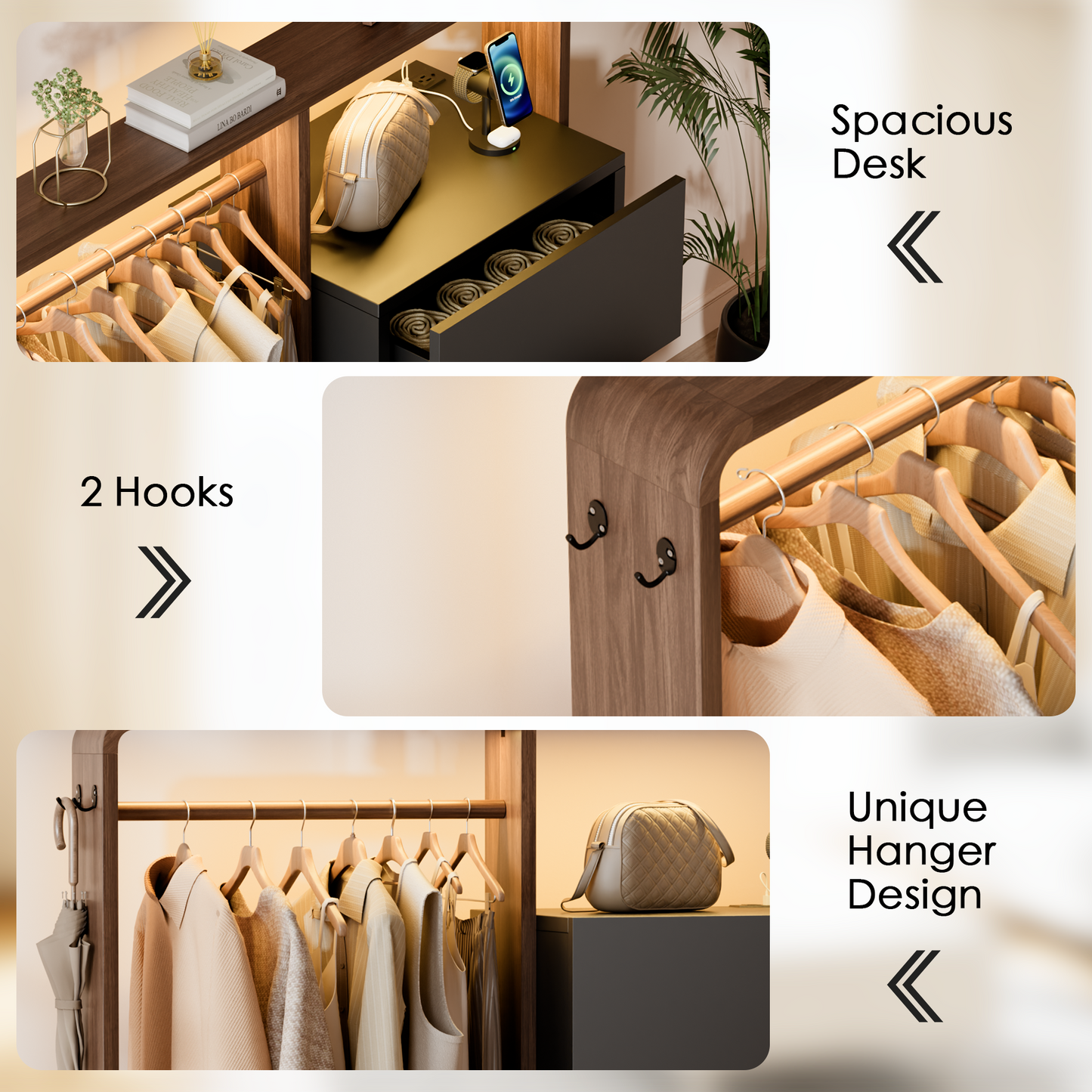 Laintene Dresser for Bedroom with Hanging Closet, 3 Wooden Drawers with Charging Station & LED, Storage Chest of Drawers, Wooden Closet Dressers for Bedroom, Black with Brown