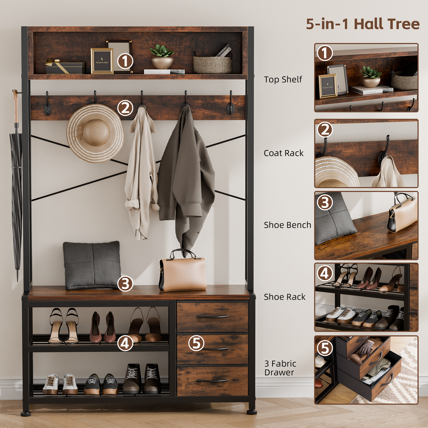 Industrial Hall Tree with Bench – 5-in-1 Entryway Organizer with 7 Hooks, 3 Drawers & Shoe Storage, Heavy-Duty Coat Rack for Hallway, Living Room, Rustic Brown