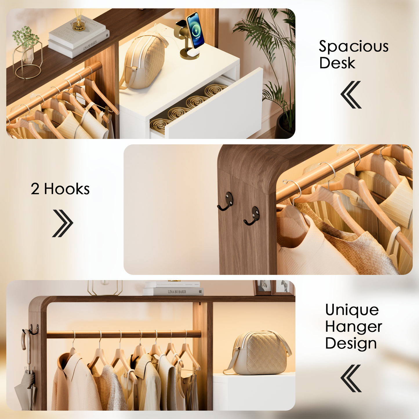 Laintene Dresser for Bedroom with Hanging Closet, 3 Wooden Drawers with Charging Station & LED, Storage Chest of Drawers, Wooden Closet Dressers for Bedroom, White with Brown