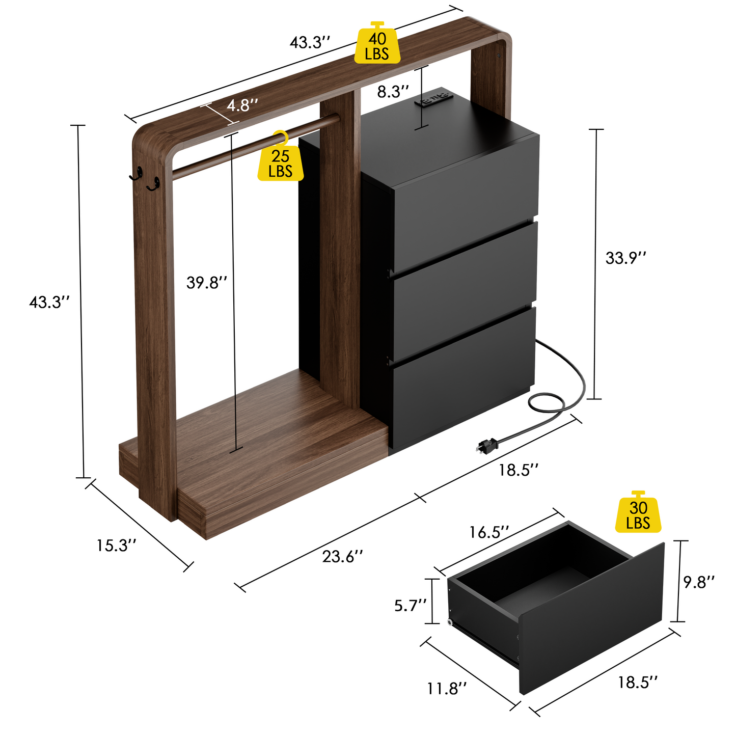 Laintene Dresser for Bedroom with Hanging Closet, 3 Wooden Drawers with Charging Station & LED, Storage Chest of Drawers, Wooden Closet Dressers for Bedroom, Black with Brown