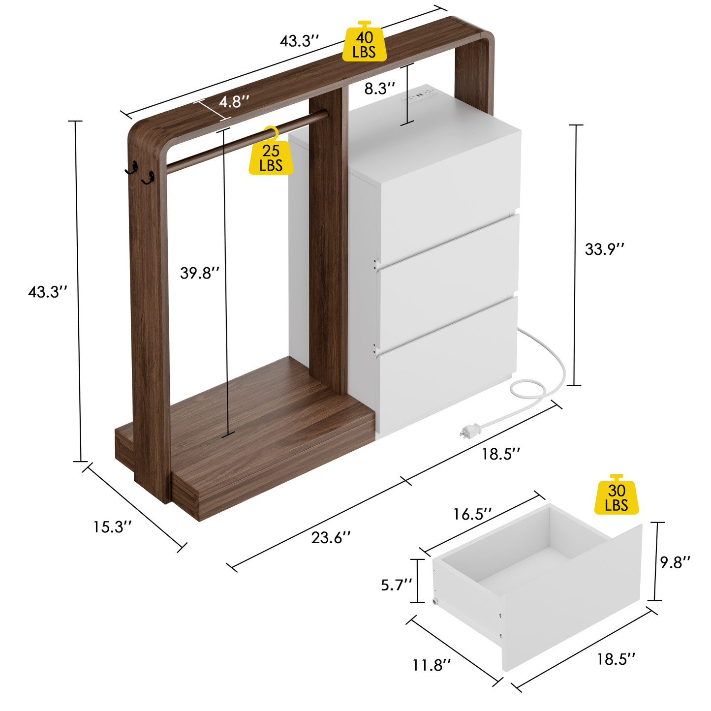Laintene Dresser for Bedroom with Hanging Closet, 3 Wooden Drawers with Charging Station & LED, Storage Chest of Drawers, Wooden Closet Dressers for Bedroom, White with Brown
