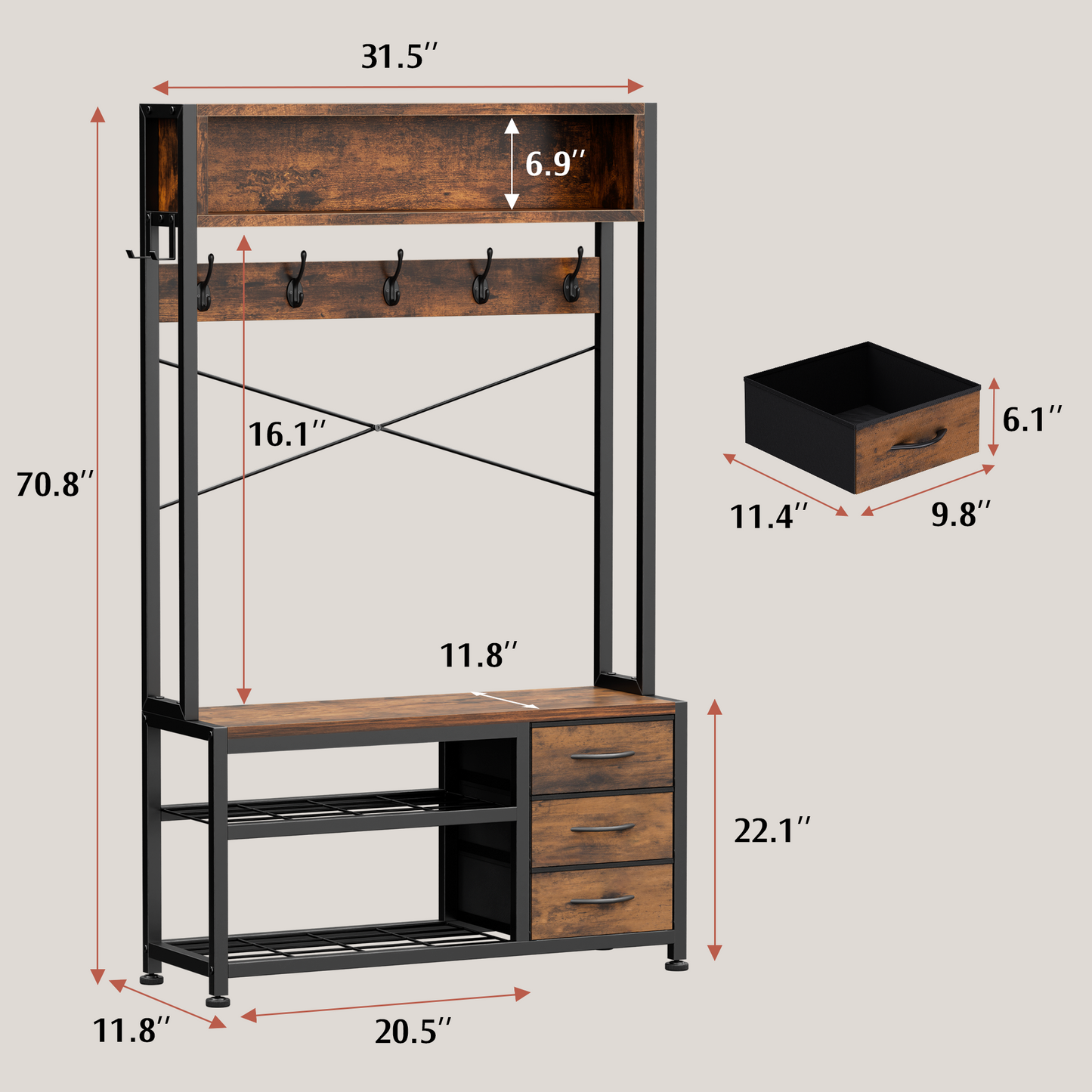 Industrial Hall Tree with Bench – 5-in-1 Entryway Organizer with 7 Hooks, 3 Drawers & Shoe Storage, Heavy-Duty Coat Rack for Hallway, Living Room, Rustic Brown
