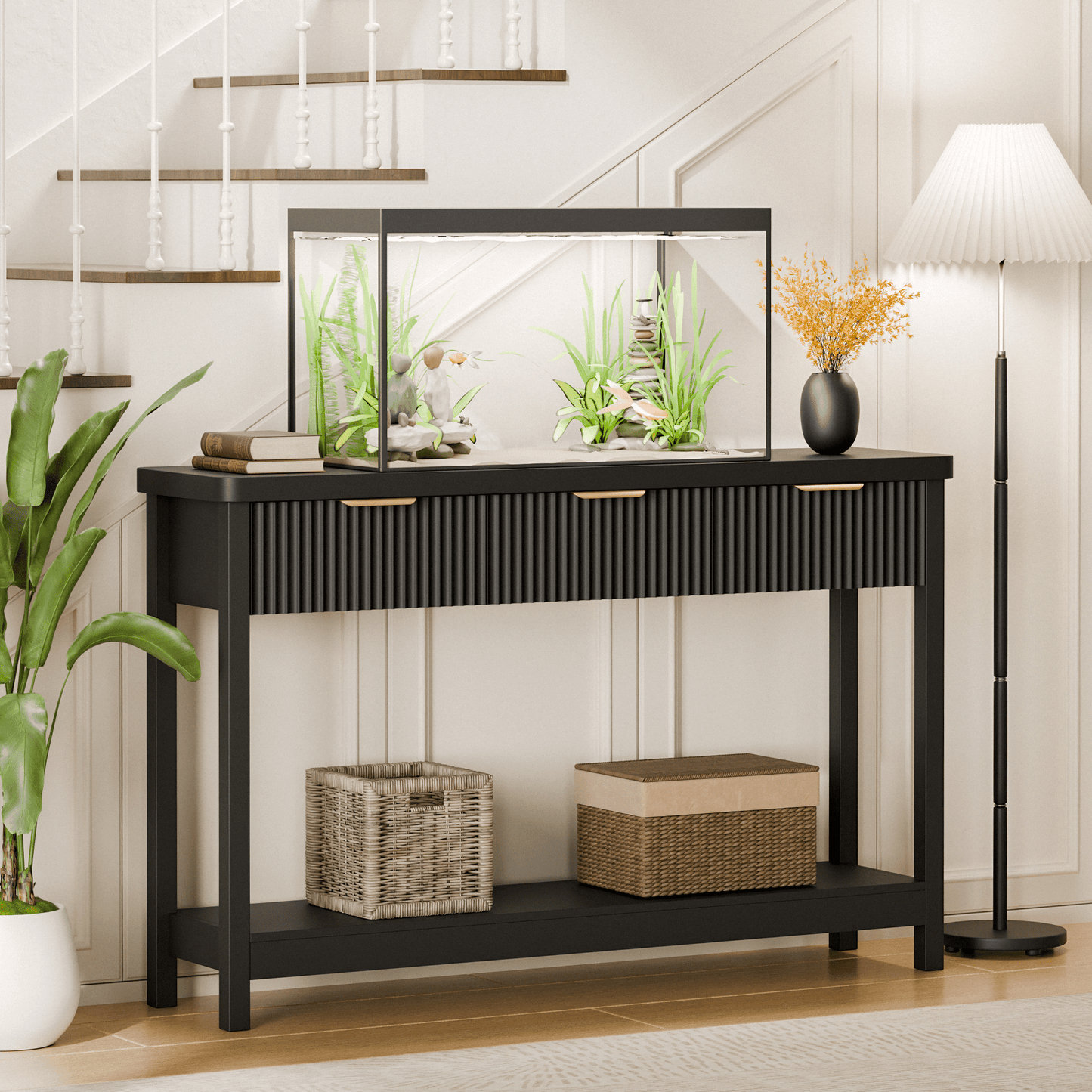 Laintene Fluted Console Table, 51" Narrow Entryway Table with 3 Drawers, Console Table Sofa Table with Storage Open Shelf, Modern Display Shelf for Hallway Living Room, Black