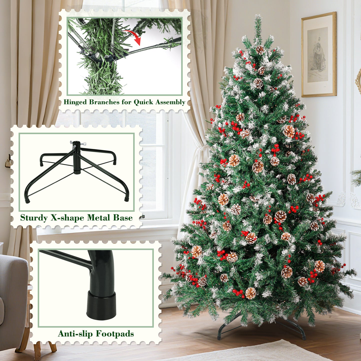Laintene 6ft Pre-Lit & Pre-Decorated Christmas Tree | 250 Warm White LED Lights, 800 Realistic Tips, 108 Natural Decorations (Pine Cones & Berries), Hinged Design for Home/Office