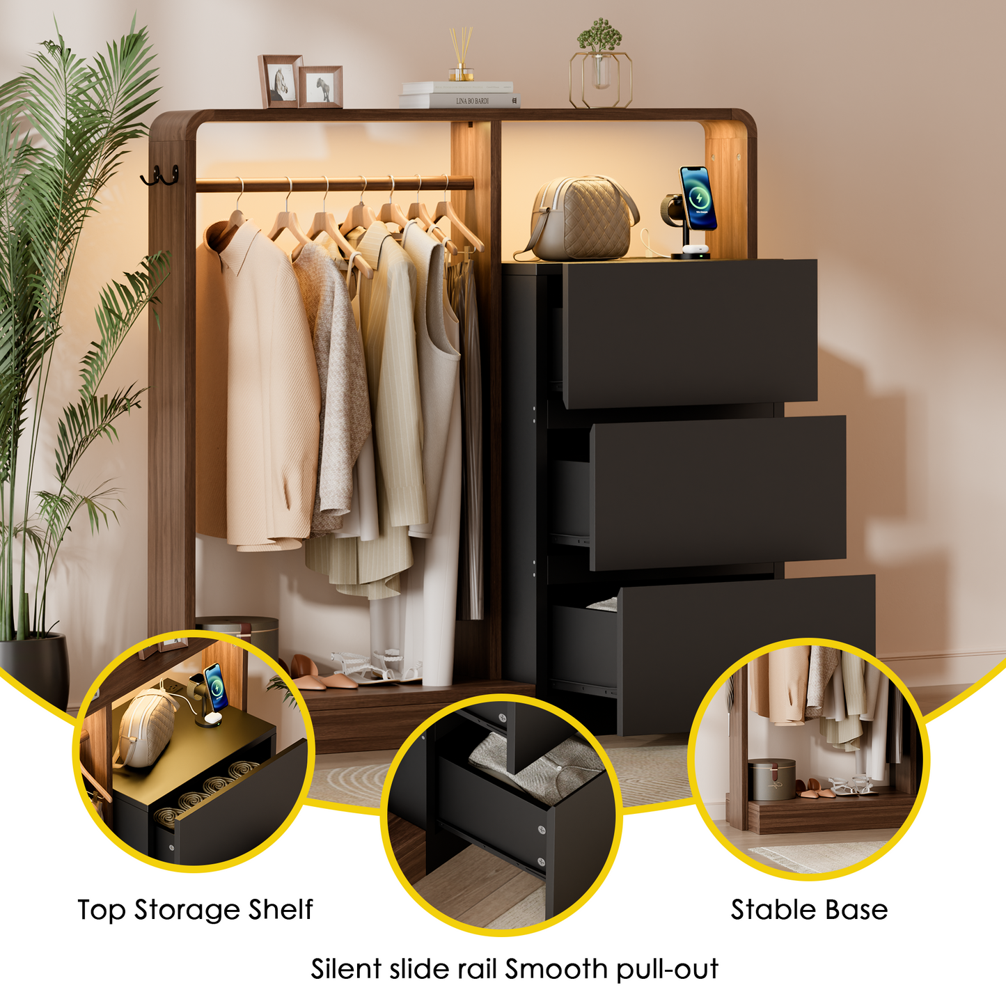Laintene Dresser for Bedroom with Hanging Closet, 3 Wooden Drawers with Charging Station & LED, Storage Chest of Drawers, Wooden Closet Dressers for Bedroom, Black with Brown