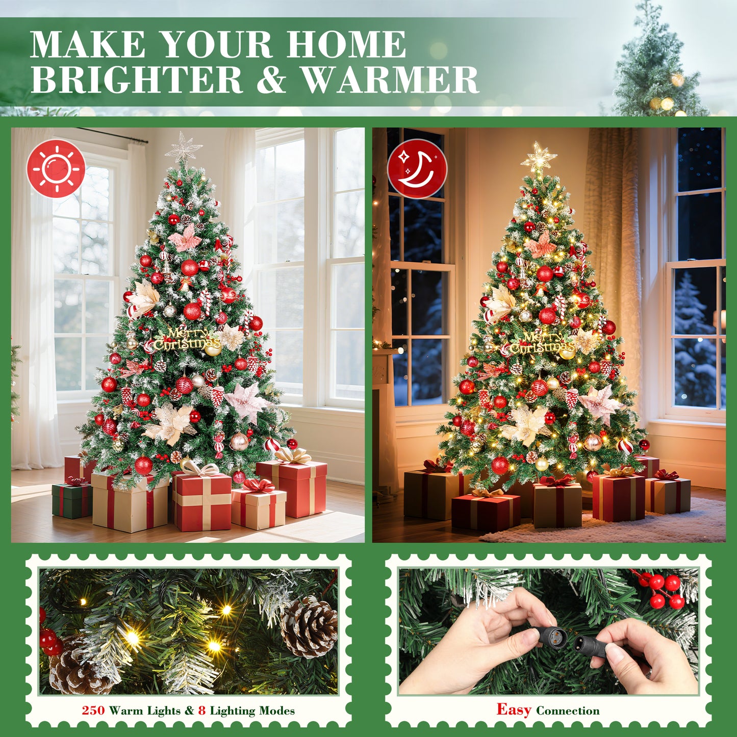 Laintene 6ft Pre-Lit & Pre-Decorated Christmas Tree | 250 Warm White LED Lights, 800 Realistic Tips, 108 Natural Decorations (Pine Cones & Berries), Hinged Design for Home/Office