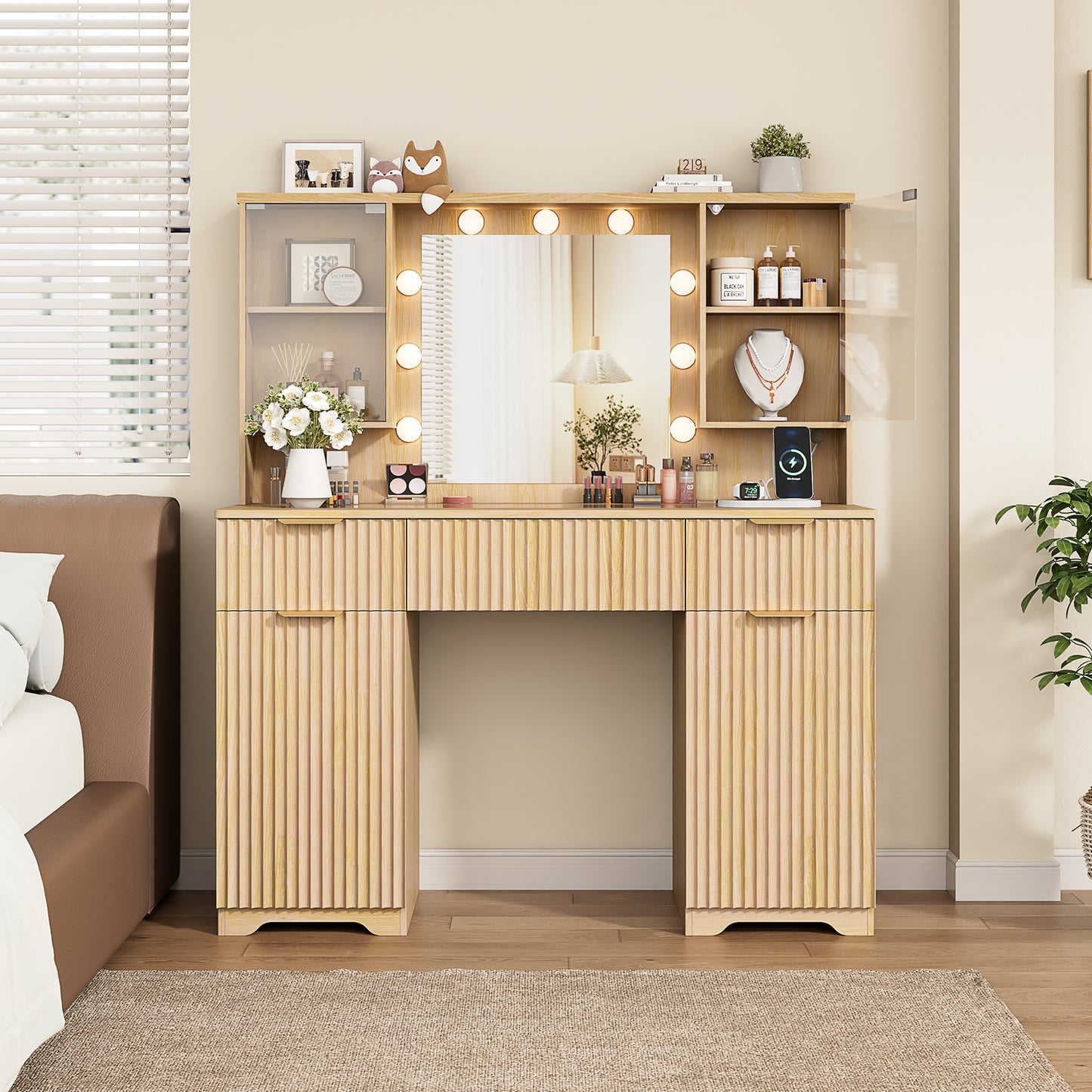 LainTene Makeup Vanity Table with Lights and Mirror, Vanity Desk with 3 Drawers & 2 Large Storage Cabinets and Charging Station for Bedroom
