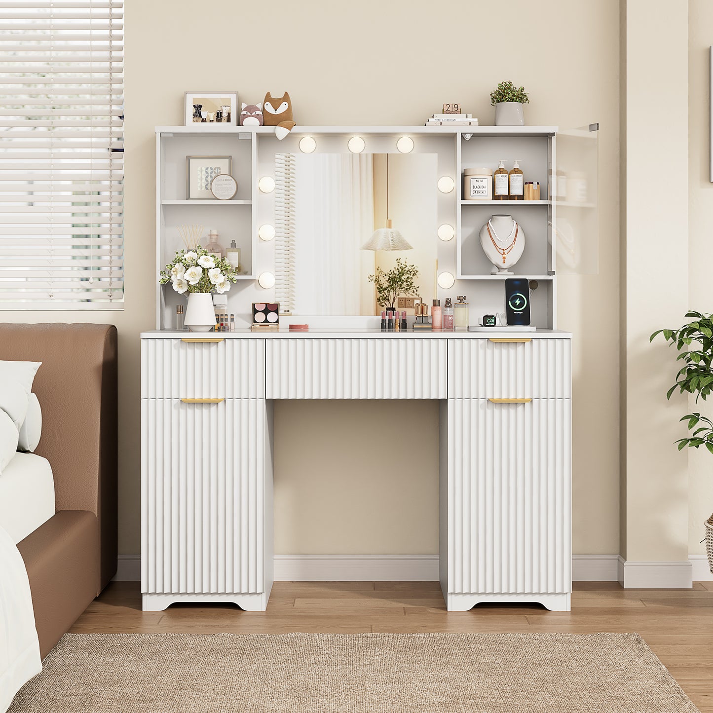 LainTene Makeup Vanity Table with Lights and Mirror, Vanity Desk with 3 Drawers & 2 Large Storage Cabinets and Charging Station for Bedroom