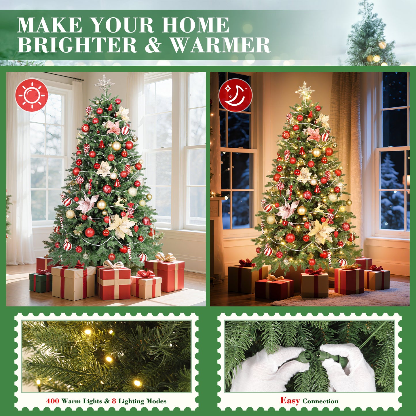 Laintene 6FT Pre-Lit Premium PE+PVC Christmas Tree | 400 Warm White LED Lights, 2085 Realistic Tips, Hinged Design with Storage Bag & Metal Stand