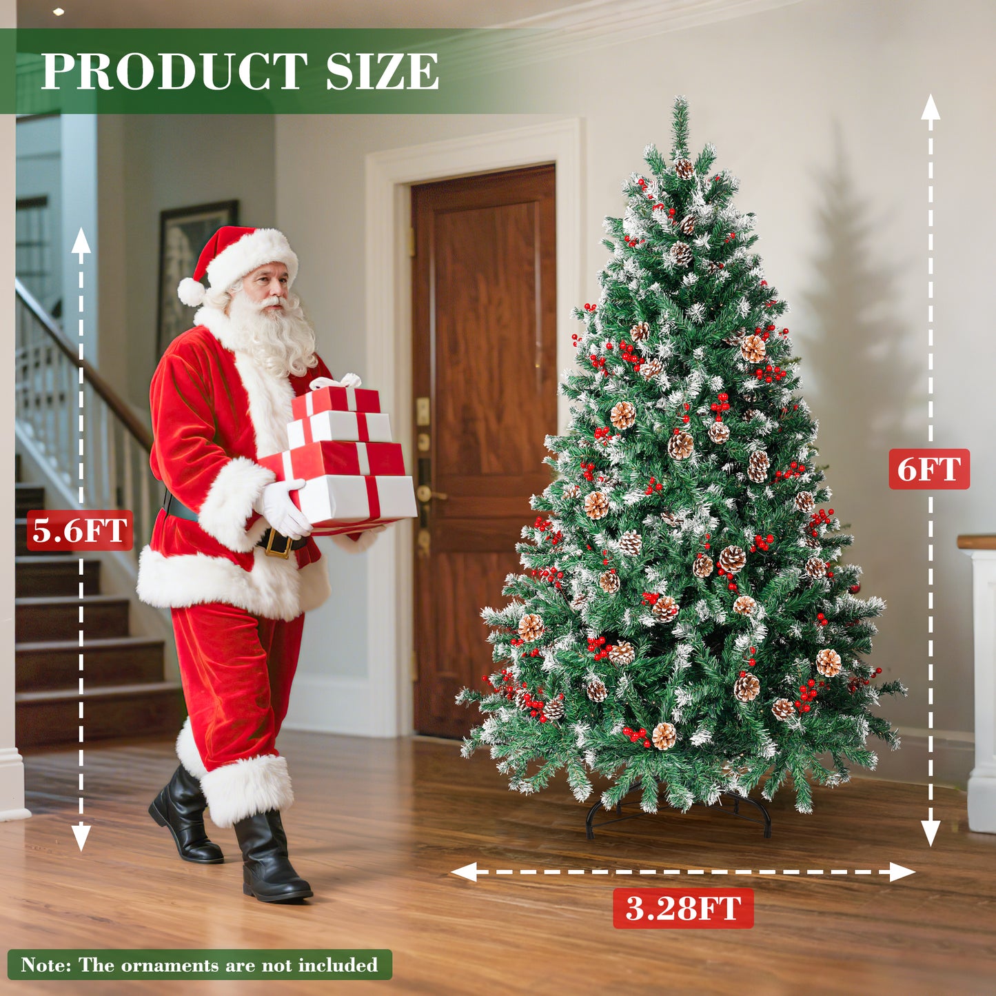 Laintene 6ft Pre-Lit & Pre-Decorated Christmas Tree | 250 Warm White LED Lights, 800 Realistic Tips, 108 Natural Decorations (Pine Cones & Berries), Hinged Design for Home/Office