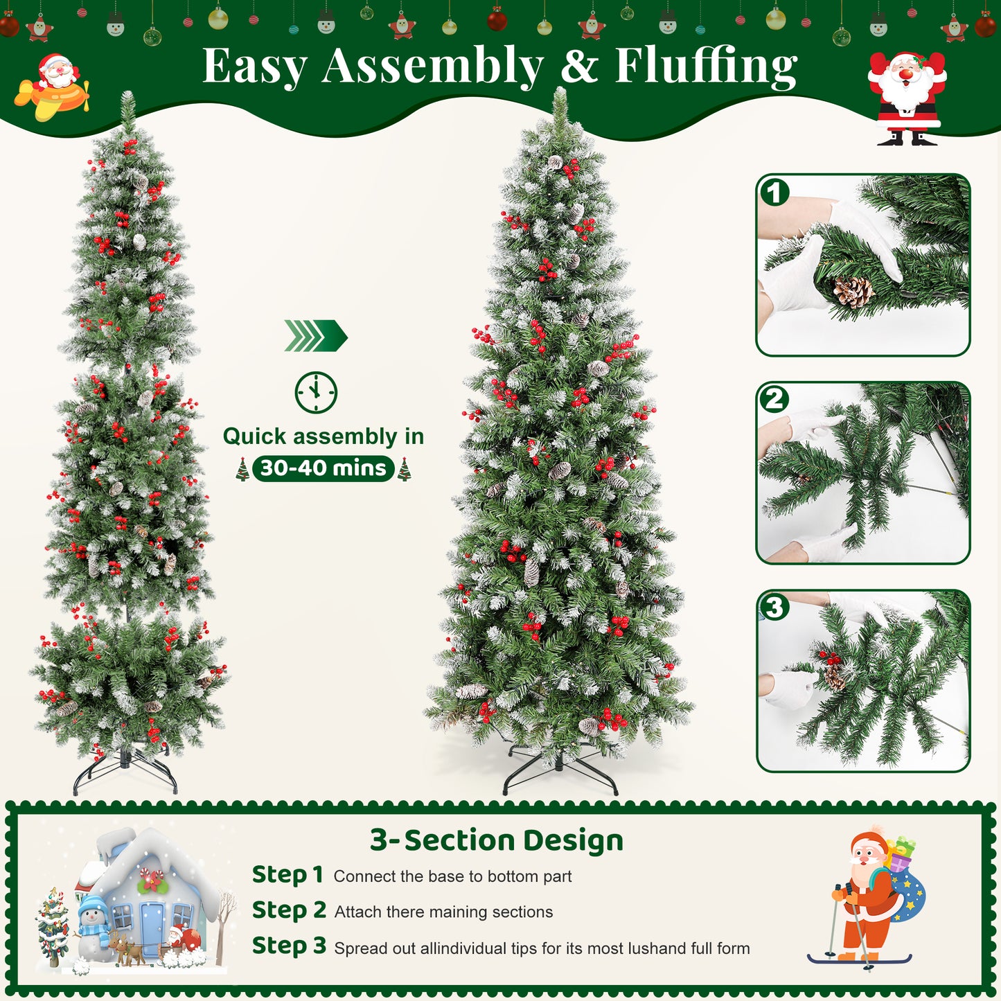 Laintene 6FT Pre-Lit Slim Pencil Christmas Tree | 200 Warm White LED Lights, 600 Tips, 40 Pine Cones & 280 Red Berries, Hinged Design for Small Spaces