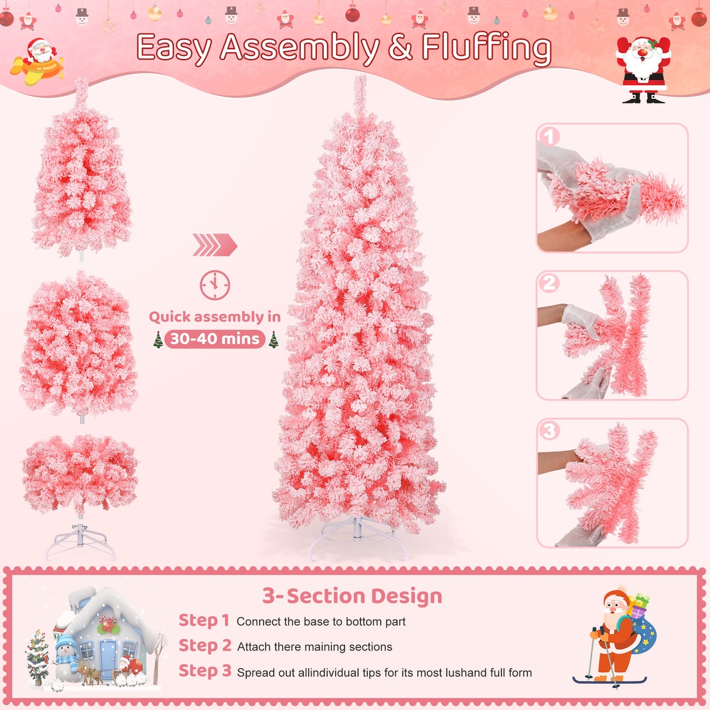 Laintene 6FT Pre-Lit Flocked Pencil Christmas Tree with 600 Tips & 200 Warm White LED Lights, Slim Artificial Xmas Tree for Small Spaces, Metal Stand, Pink