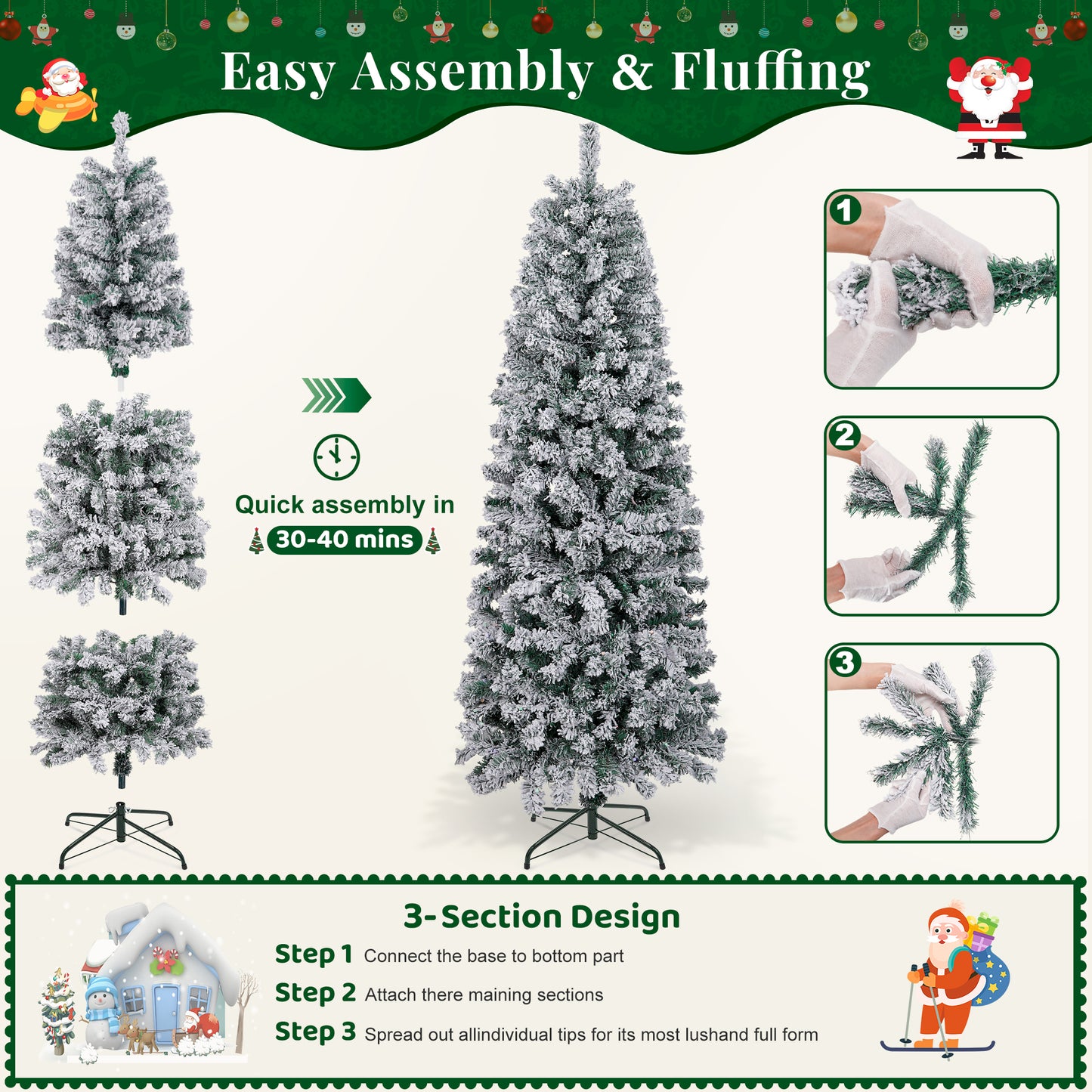 Laintene 6FT Pre-Lit Flocked Pencil Christmas Tree with 600 Tips & 200 Colored Lights, Slim Artificial Xmas Tree for Small Spaces, Metal Stand, White