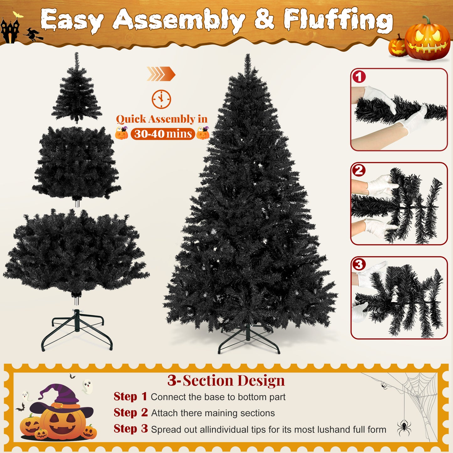 Laintene 6FT Artificial Christmas Tree with 800 Tips, Realistic Fir Xmas Tree for Indoor/Outdoor Decor, Sturdy Metal Stand, Black