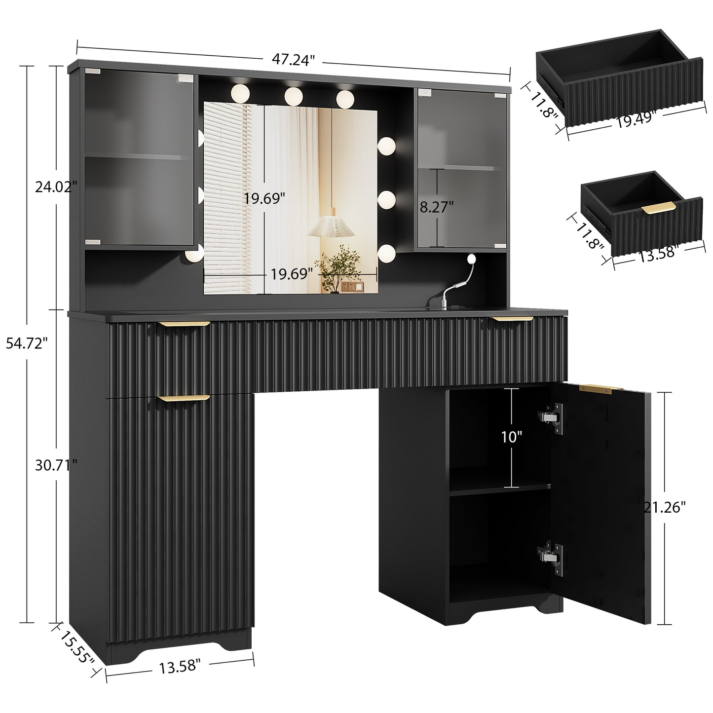 LainTene Makeup Vanity Table with Lights and Mirror, Vanity Desk with 3 Drawers & 2 Large Storage Cabinets and Charging Station for Bedroom