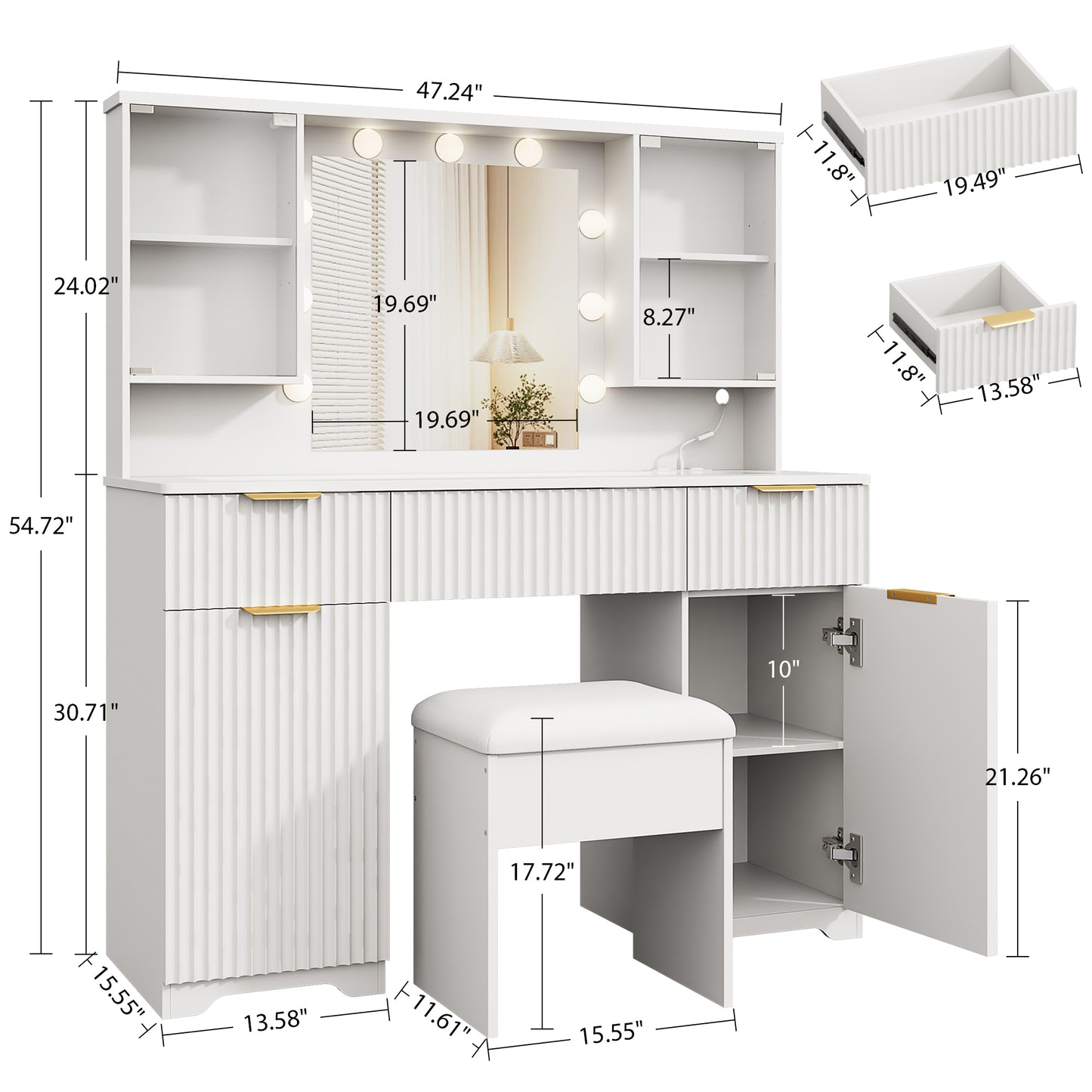 LainTene Vanity Set with Stool, Makeup Vanity Table with Lights and Mirror, Vanity Desk with 3 Drawers & 2 Large Storage Cabinets and Charging Station for Bedroom