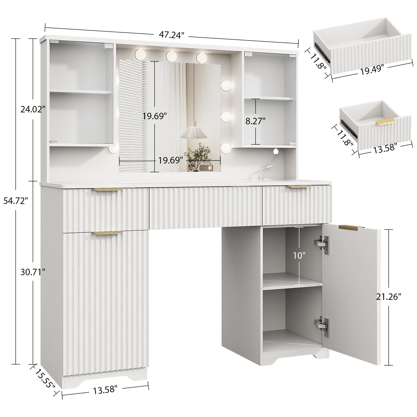 LainTene Makeup Vanity Table with Lights and Mirror, Vanity Desk with 3 Drawers & 2 Large Storage Cabinets and Charging Station for Bedroom