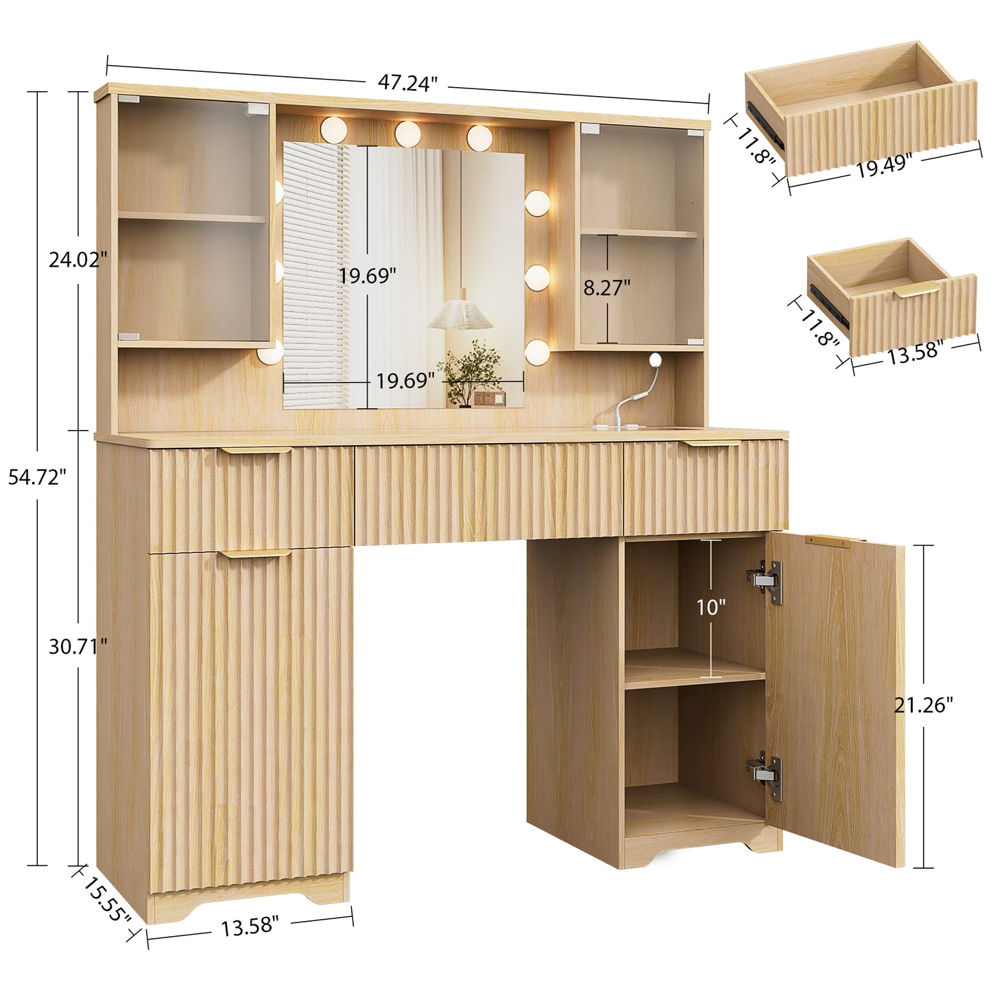 LainTene Makeup Vanity Table with Lights and Mirror, Vanity Desk with 3 Drawers & 2 Large Storage Cabinets and Charging Station for Bedroom