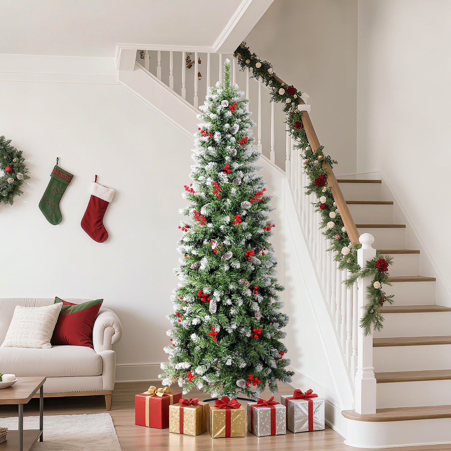 Laintene 6FT Pre-Lit Slim Pencil Christmas Tree | 200 Warm White LED Lights, 600 Tips, 40 Pine Cones & 280 Red Berries, Hinged Design for Small Spaces