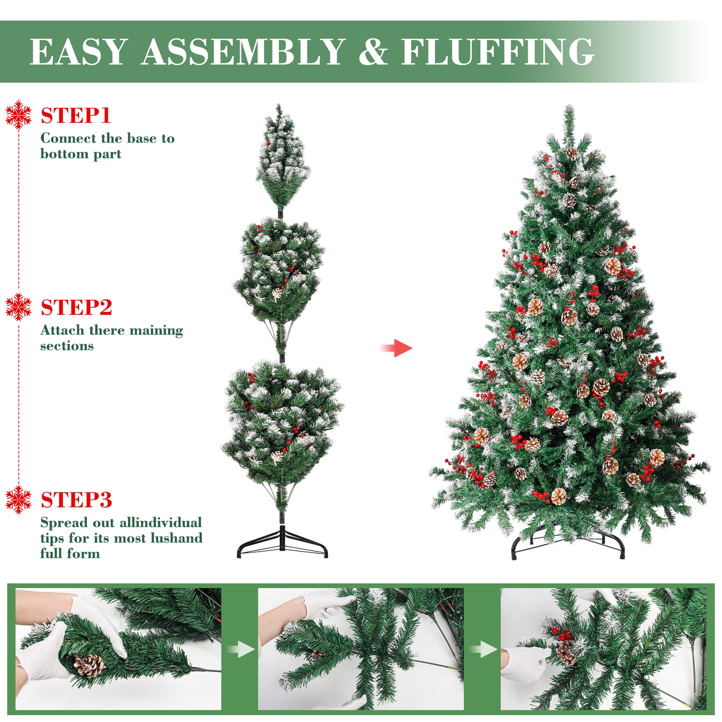 Laintene 6ft Pre-Lit & Pre-Decorated Christmas Tree | 250 Warm White LED Lights, 800 Realistic Tips, 108 Natural Decorations (Pine Cones & Berries), Hinged Design for Home/Office