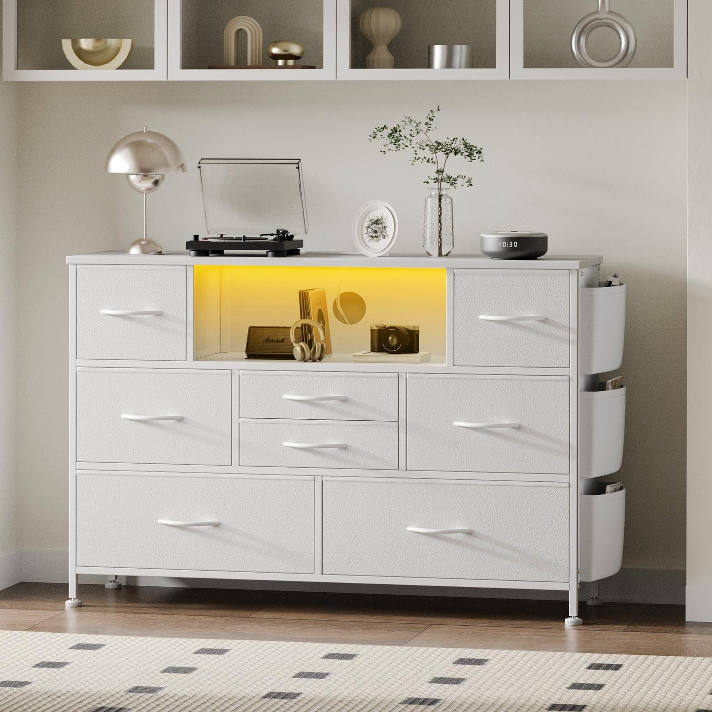 Laintene 8 Drawer Dresser, White Dresser with Power Outlets LED Lights, Fabric Dressers for Bedroom TV Stand with Side Pocket, Chest of Drawers for up to 50" TV