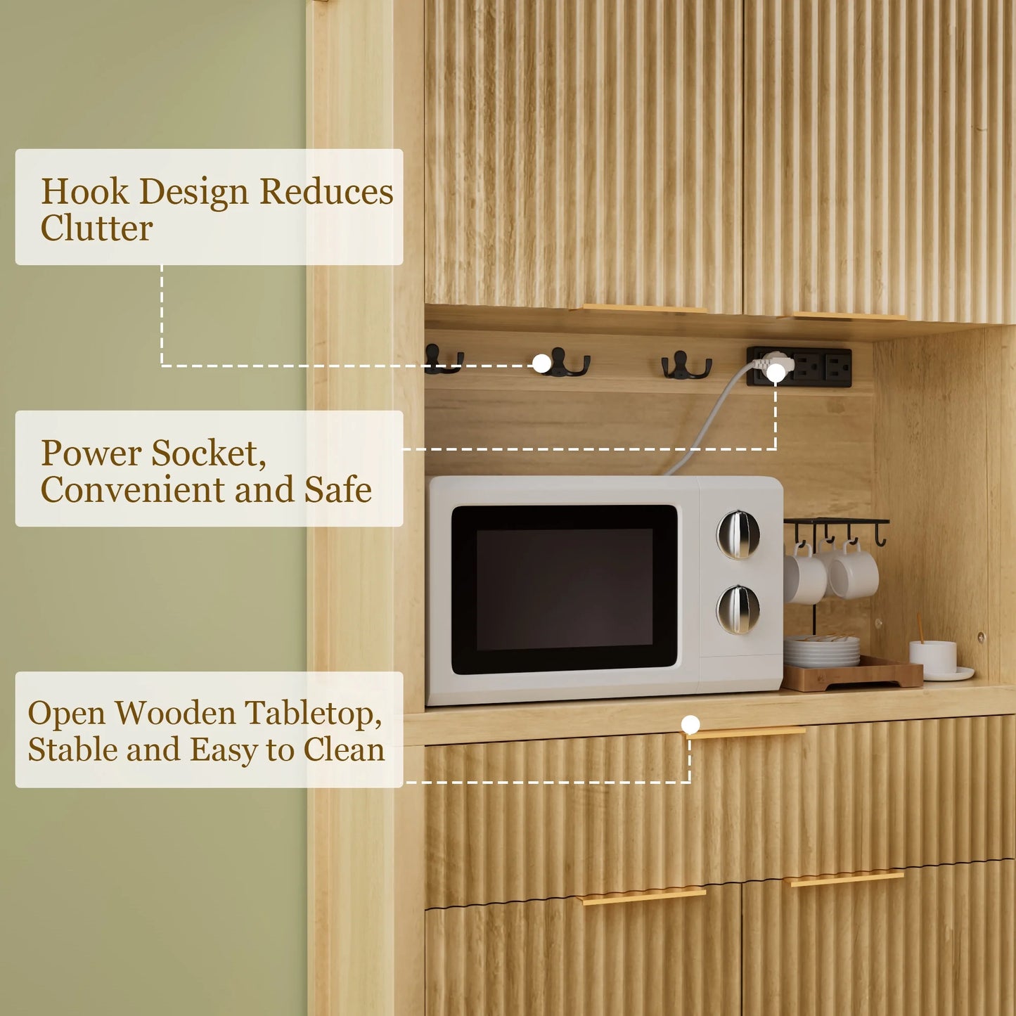 Laintene Pantry Cabinet with Charging Station & Drawer, Fluted Storage Cabinet with Adjustable Shelves and Open Countertop for Dining Living Room, Natural Oak