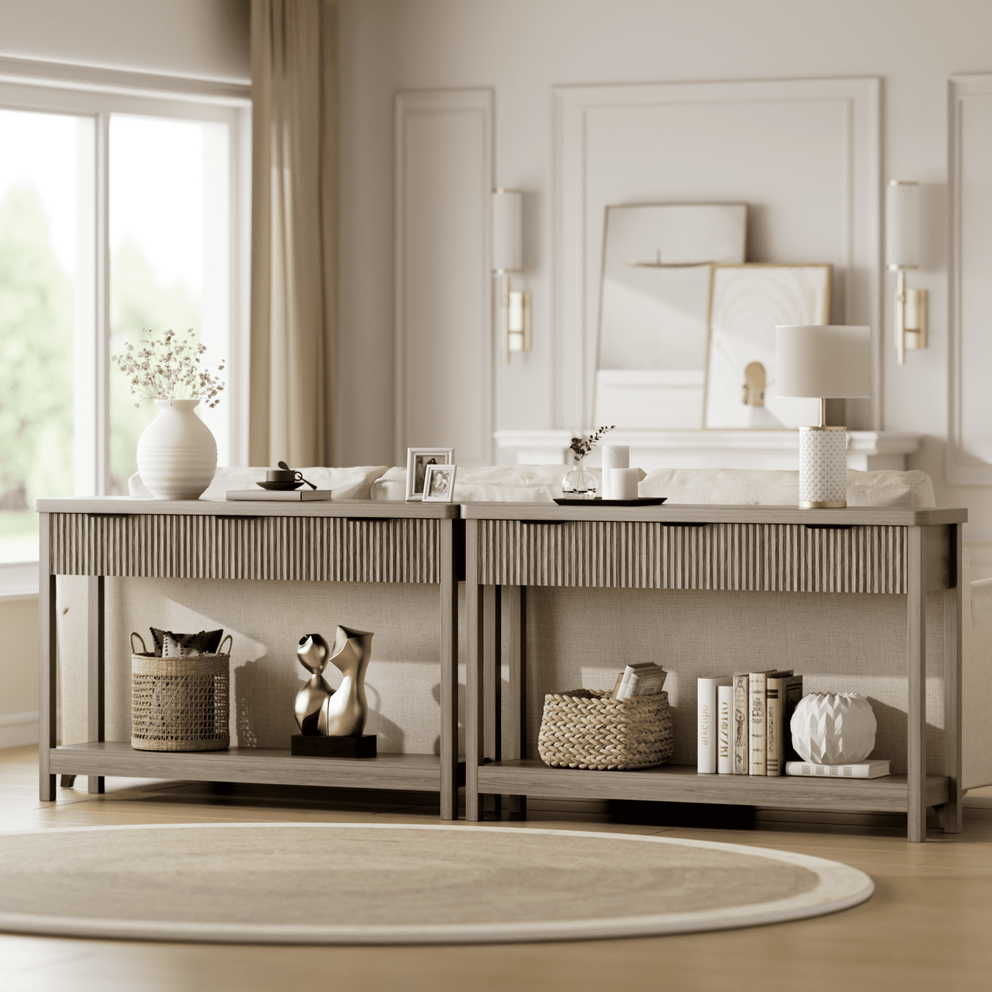 Laintene Fluted Console Table, 51" Narrow Entryway Table with 3 Drawers, Console Table Sofa Table with Storage Open Shelf, Modern Display Shelf for Hallway Living Room, Gray Oak