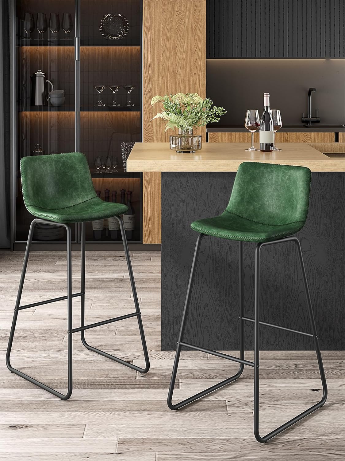 LainTene 30" Bar Stools Set of 3 – Faux Leather Counter Height Stools with Backrest & Footrest, Heavy-Duty Metal Frame for Kitchen, Bar, Living Room, Green