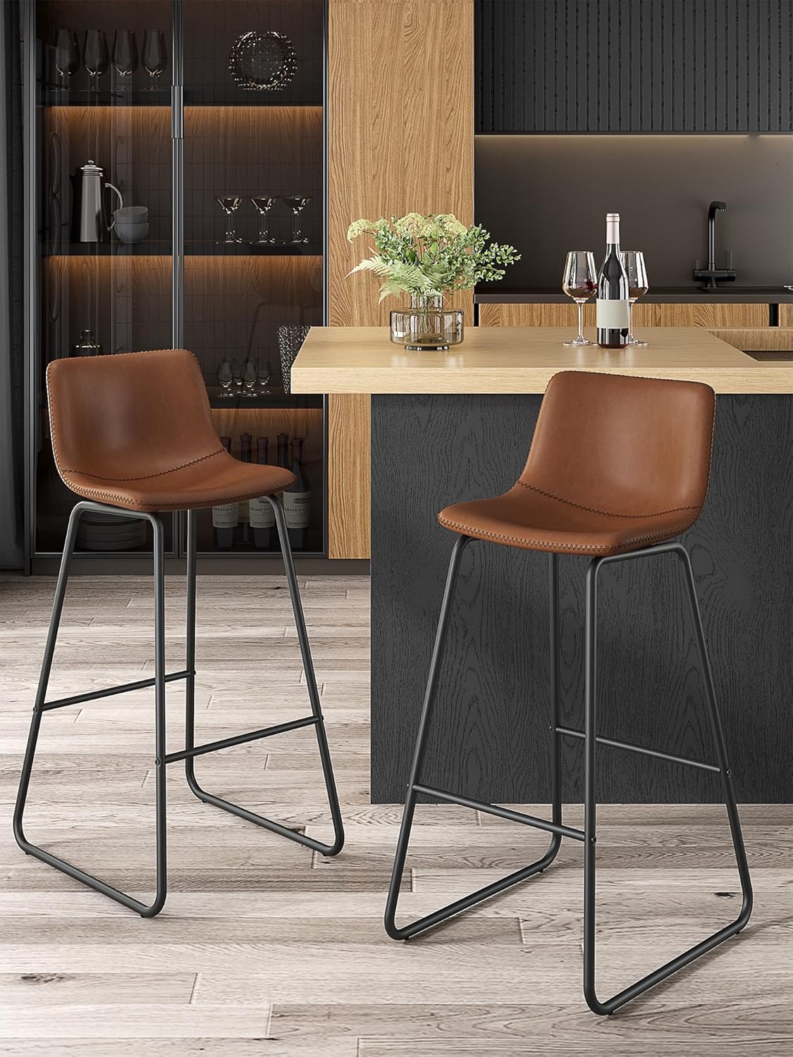 LainTene 30" Bar Stools Set of 3 – Faux Leather Counter Height Stools with Backrest & Footrest, Heavy-Duty Metal Frame for Kitchen, Bar, Living Room, Dark Brown