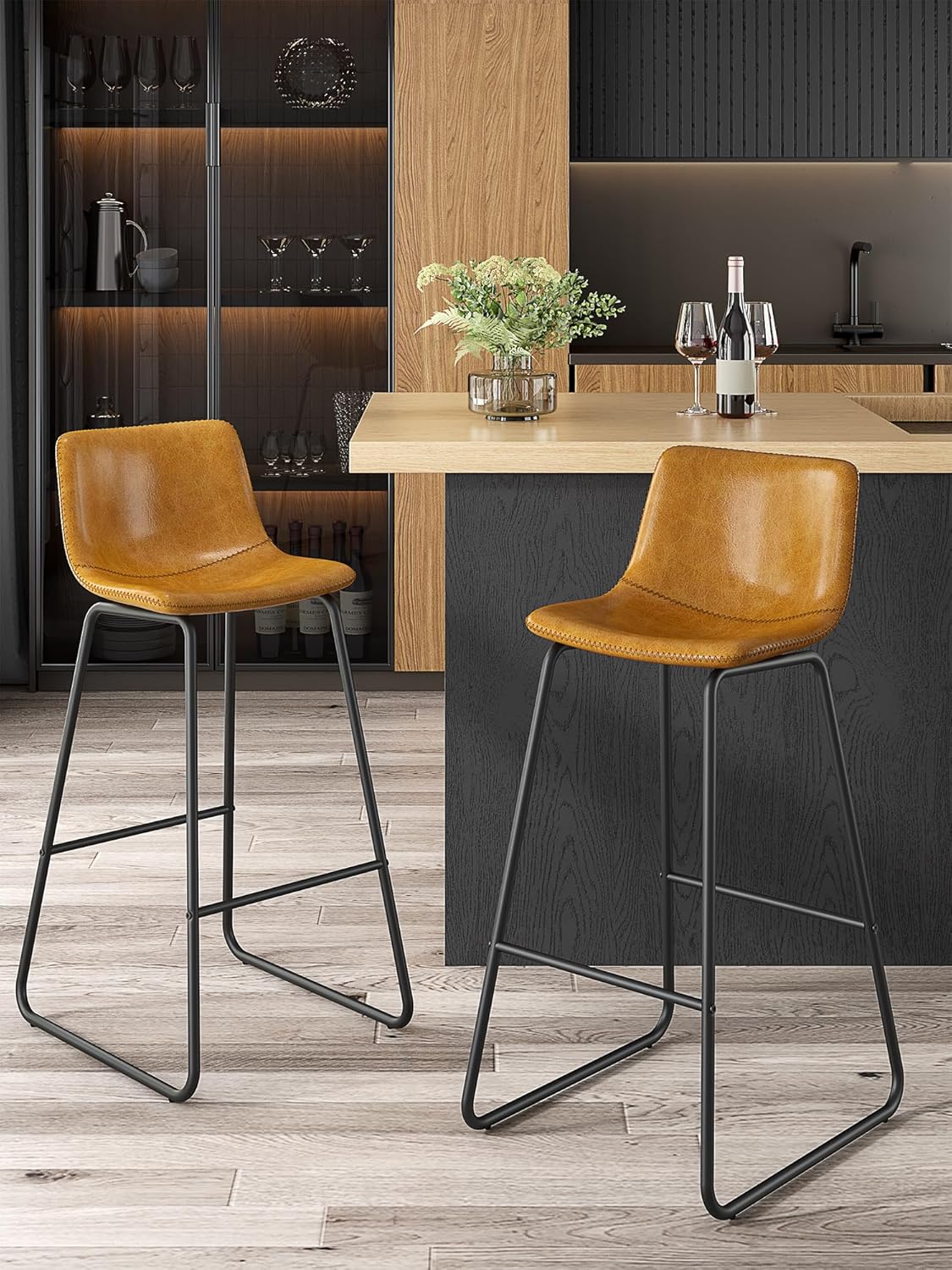 LainTene 30" Bar Stools Set of 3 – Faux Leather Counter Height Stools with Backrest & Footrest, Heavy-Duty Metal Frame for Kitchen, Bar, Living Room, Brown