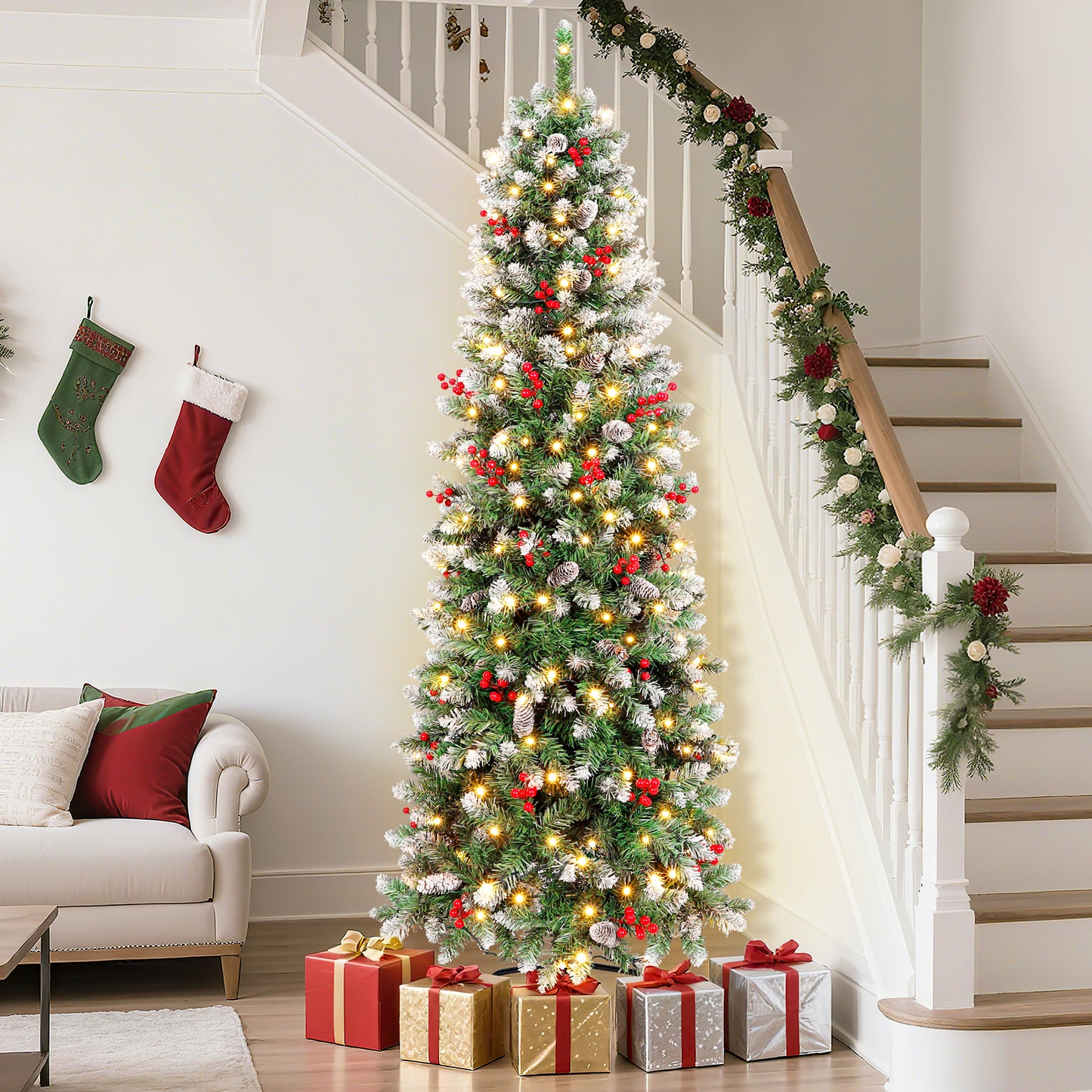 Laintene 6FT Pre-Lit Slim Pencil Christmas Tree | 200 Warm White LED Lights, 600 Tips, 40 Pine Cones & 280 Red Berries, Hinged Design for Small Spaces